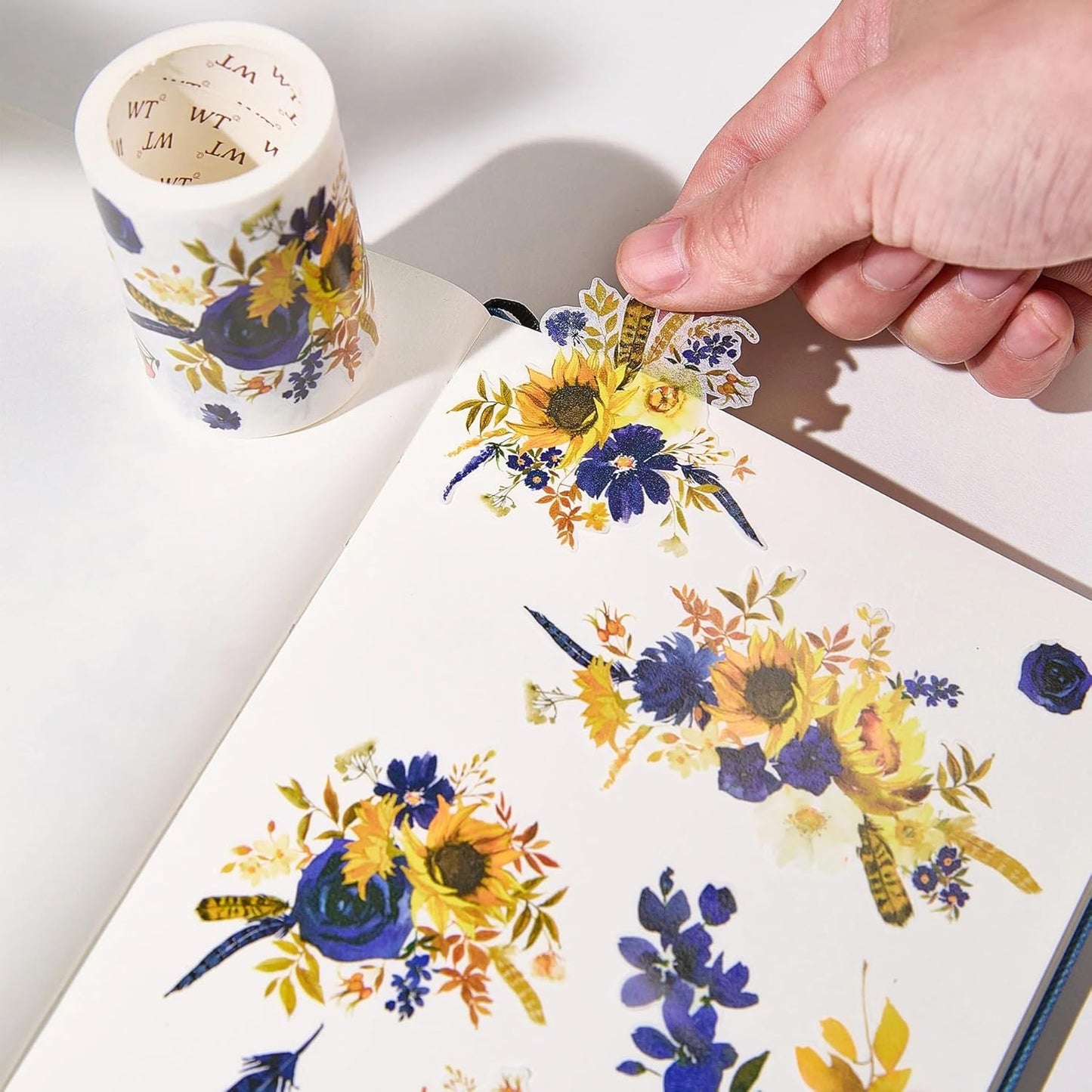 WT Pre-Cut Sunflower & Navy Wide Washi Tape, 60mm Width, Single Roll, Floral Decorative Tape for Journaling, Planners, Bujo, DIY Crafts, Original Design Paper Tape