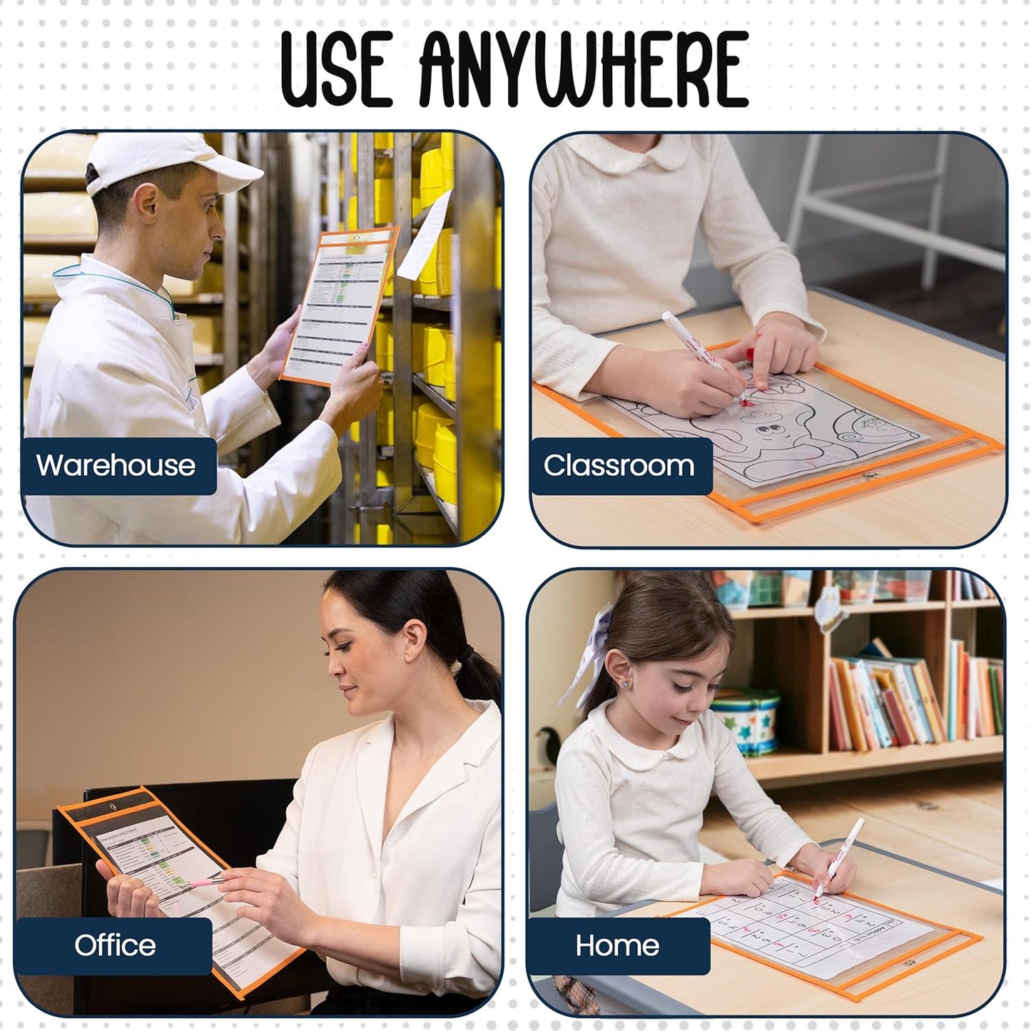 Essex Wares - 5 Pack, Orange, Job Ticket Holders, 10" Wide x 13.5" Tall - Clear Plastic Shop Ticket Holders - Easy to Use, Reusable & Easy Erase Plastic Invoice Holders, Water-Resistant & Durable