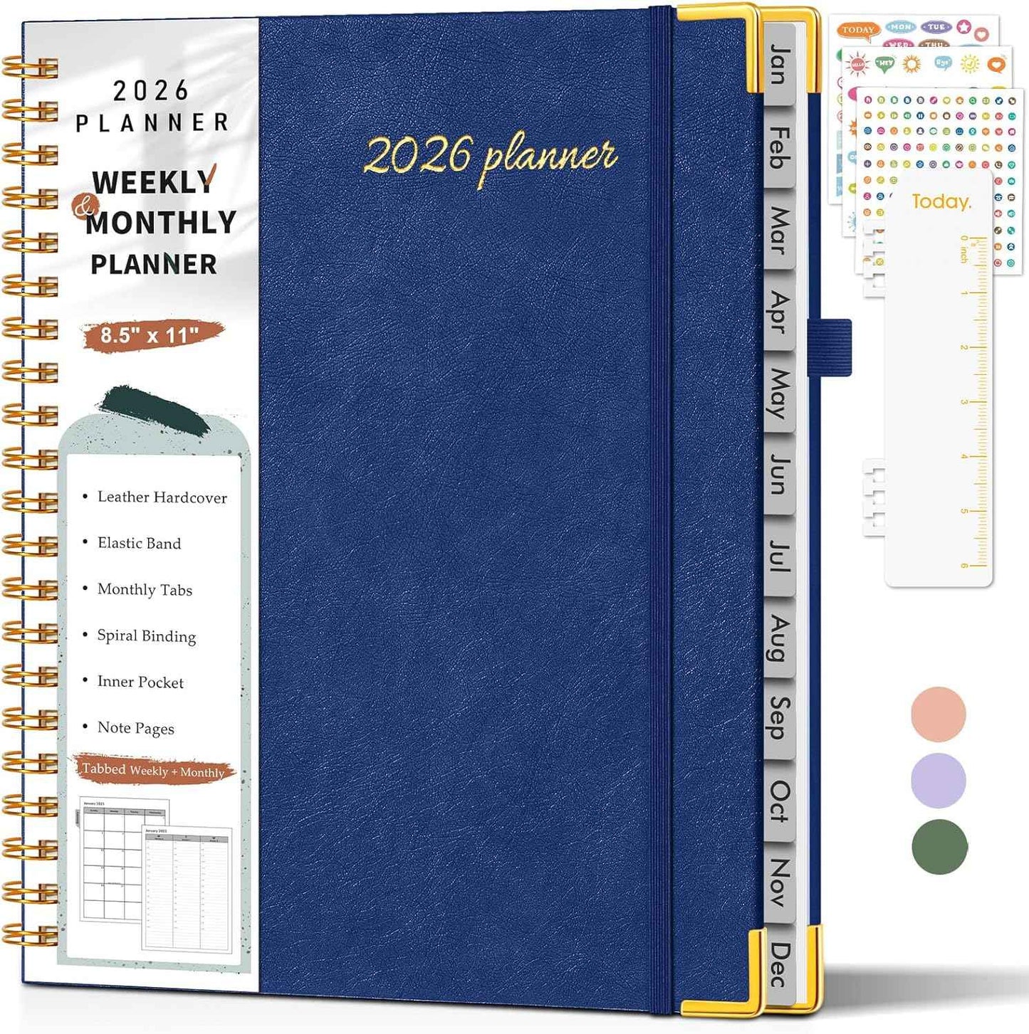 2026 Planner, Weekly and Monthly Calendar Planner from January 2026 - December 2026, 8.5" x 11" Hardcover Leather Hourly Appointment Book with Tabs, Spiral Daily Planners for College School Work Home, Navy
