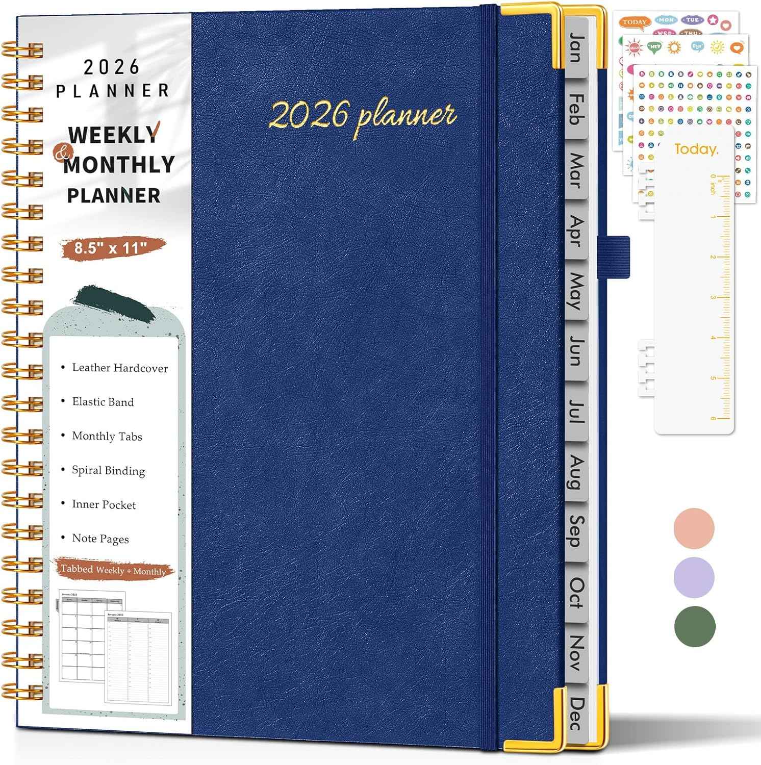 2026 Planner, Weekly and Monthly Calendar Planner from January 2026 - December 2026, 8.5" x 11" Hardcover Leather Hourly Appointment Book with Tabs, Spiral Daily Planners for College School Work Home, Navy