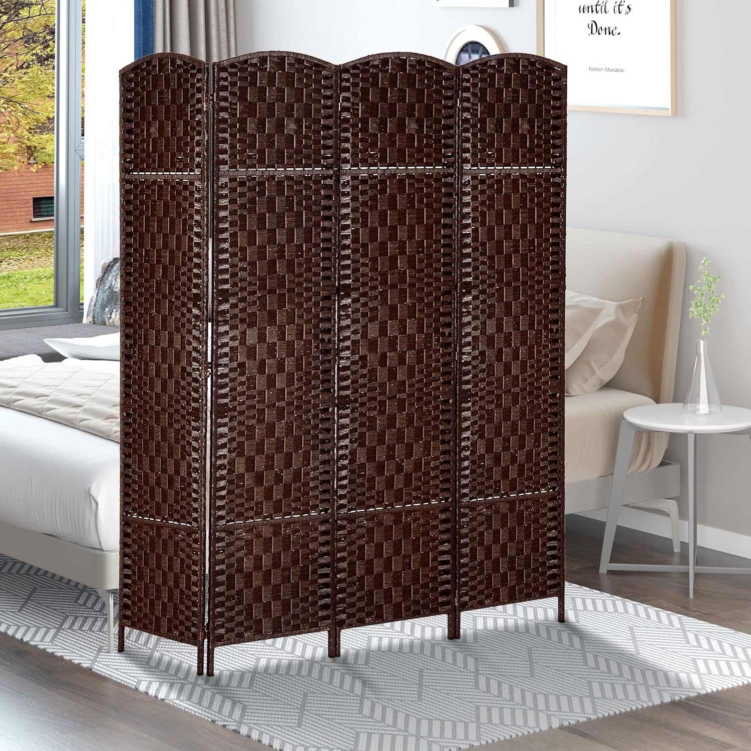 NicBex Room Divider 4 Panel Room Dividers with Woven Rattan Design Partition Room Dividers and Folding Privacy Screens 6 FT Wall Divider for Office, Room Separation,70.75"W x 0.75"D x 70.75"H, Brown - Lumora Desk
