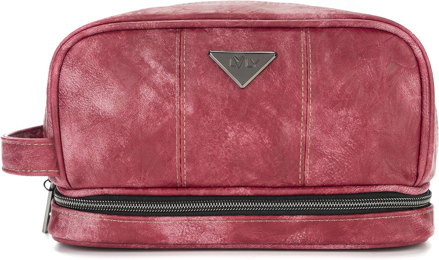 LVLY Toiletry Travel Bag for Men - Large Leather Dopp Kit - Mens Toiletries Bathroom Organizer (Red)