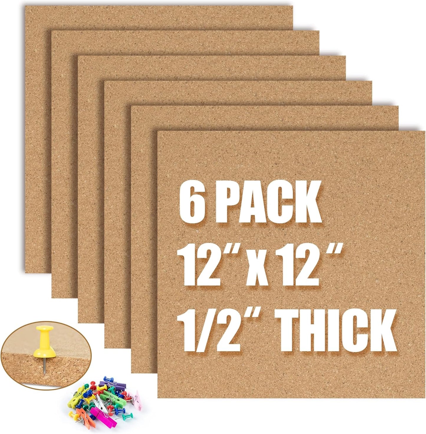 AKTOP Cork Board Bulletin Board 12x12, 1/2" Thick Cork Board Tiles 6 Pack, Small Square Pin Board for Wall, Self Adhesive Corkboards with 60 Push Pin Wood Clips for School, Home & Office - Lumora Desk