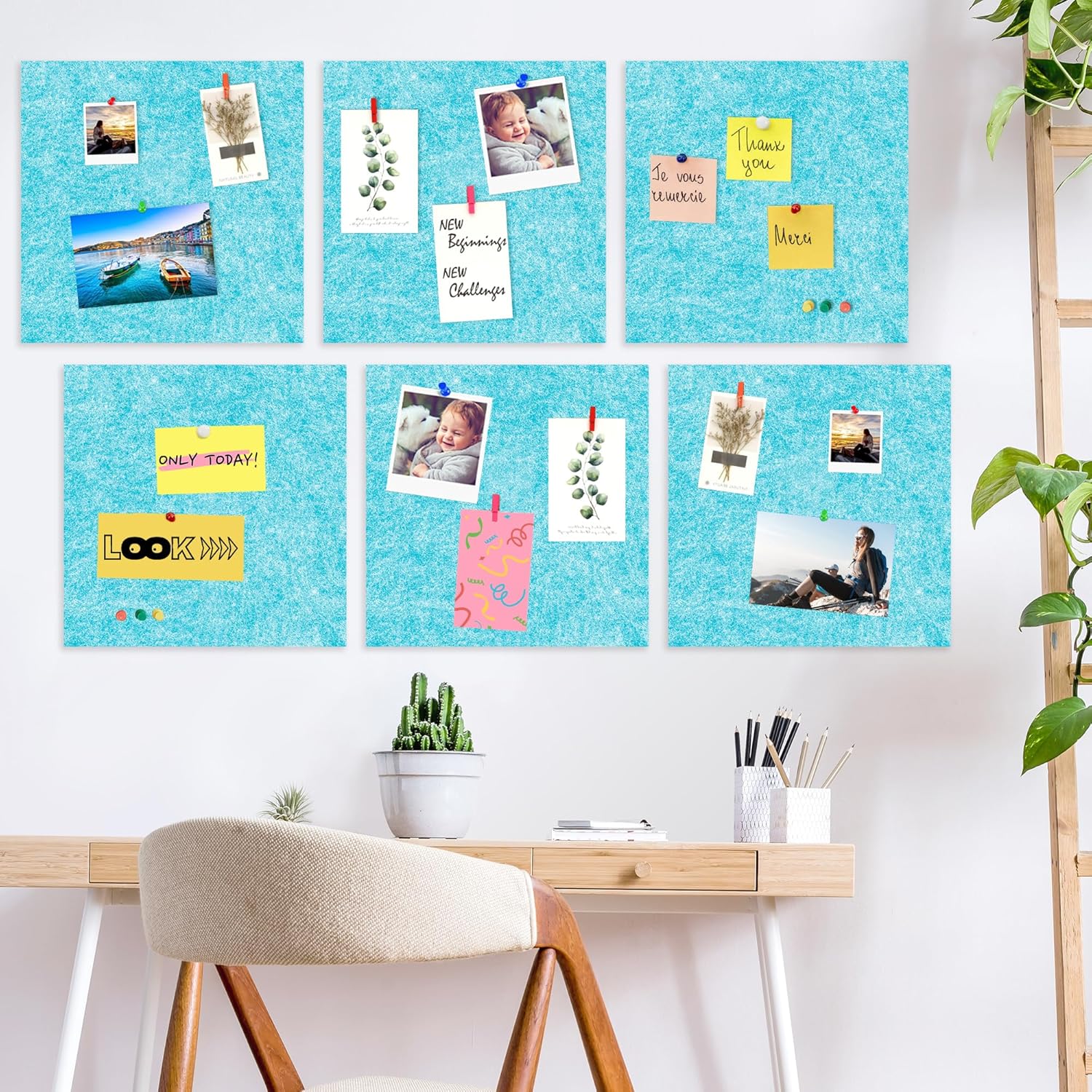 AKTOP Cork Bulletin Board 12x12, 1/2" Thick Felt Cork Board Tiles 6 Pack, Small Square Pin Board for Wall, Self Adhesive Corkboards with 60 Push Pin Wood Clips for School, Home & Office, Baby Blue - Lumora Desk