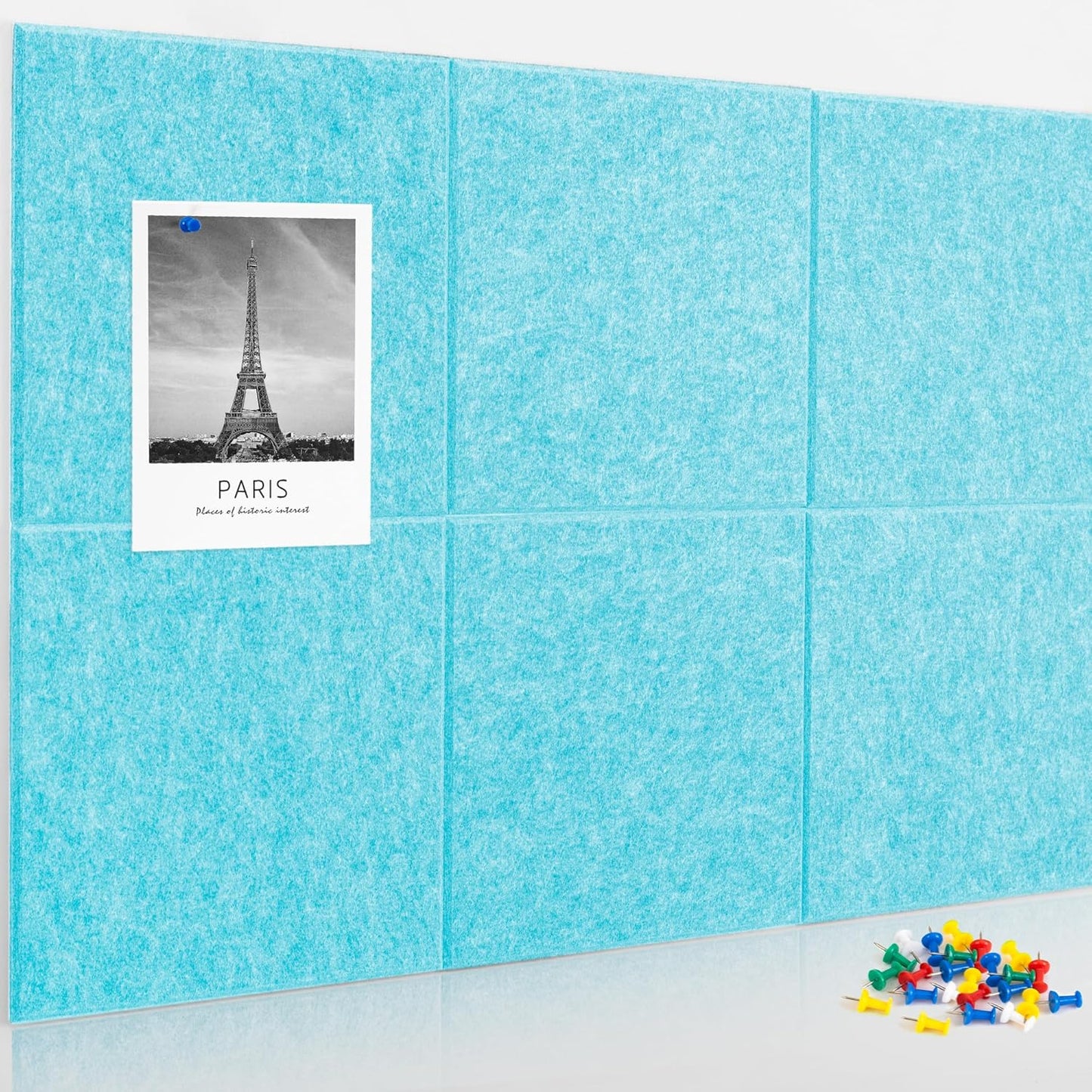AKTOP Cork Board Bulletin Board 24"x36", 6 Pack Removable Felt Cork Board Tiles for Wall, Large Corkboard Notice Pin Board for Office, School & Home,24 Safe Adhesive Tabs, 20 Push Pins, Baby Blue - Lumora Desk