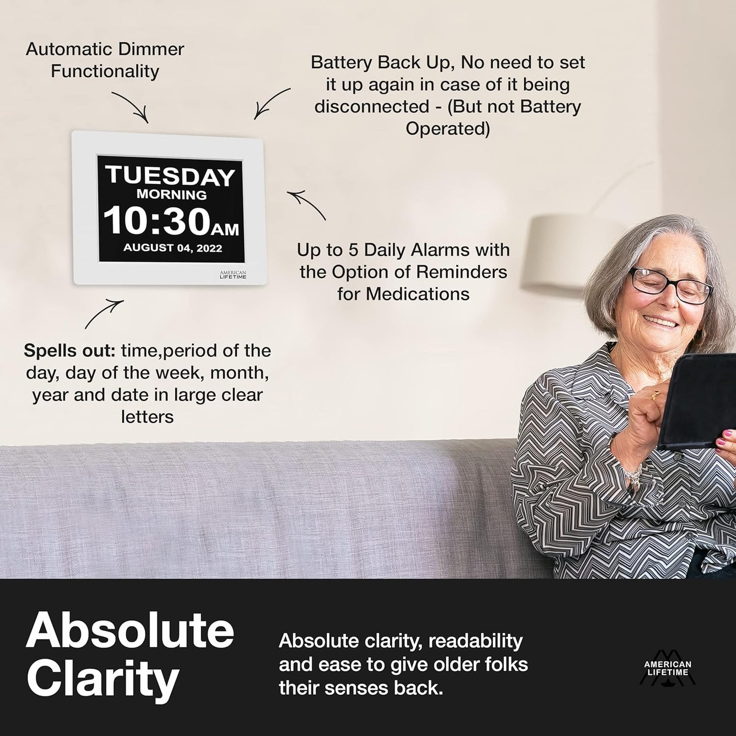 American Lifetime New 2025 Dementia Clock Large for Seniors, Digital Clock Large Display with Custom Alarms, Clock with Day & Date for Elderly, Number Digital Clock 12 Inches White