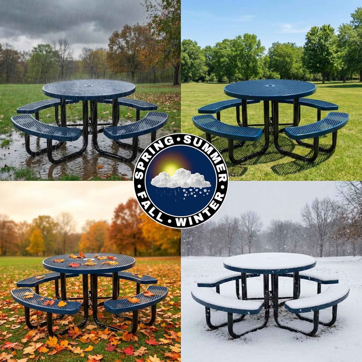 46” Round Heavy-Duty Expanded Metal Dark Blue Picnic Table