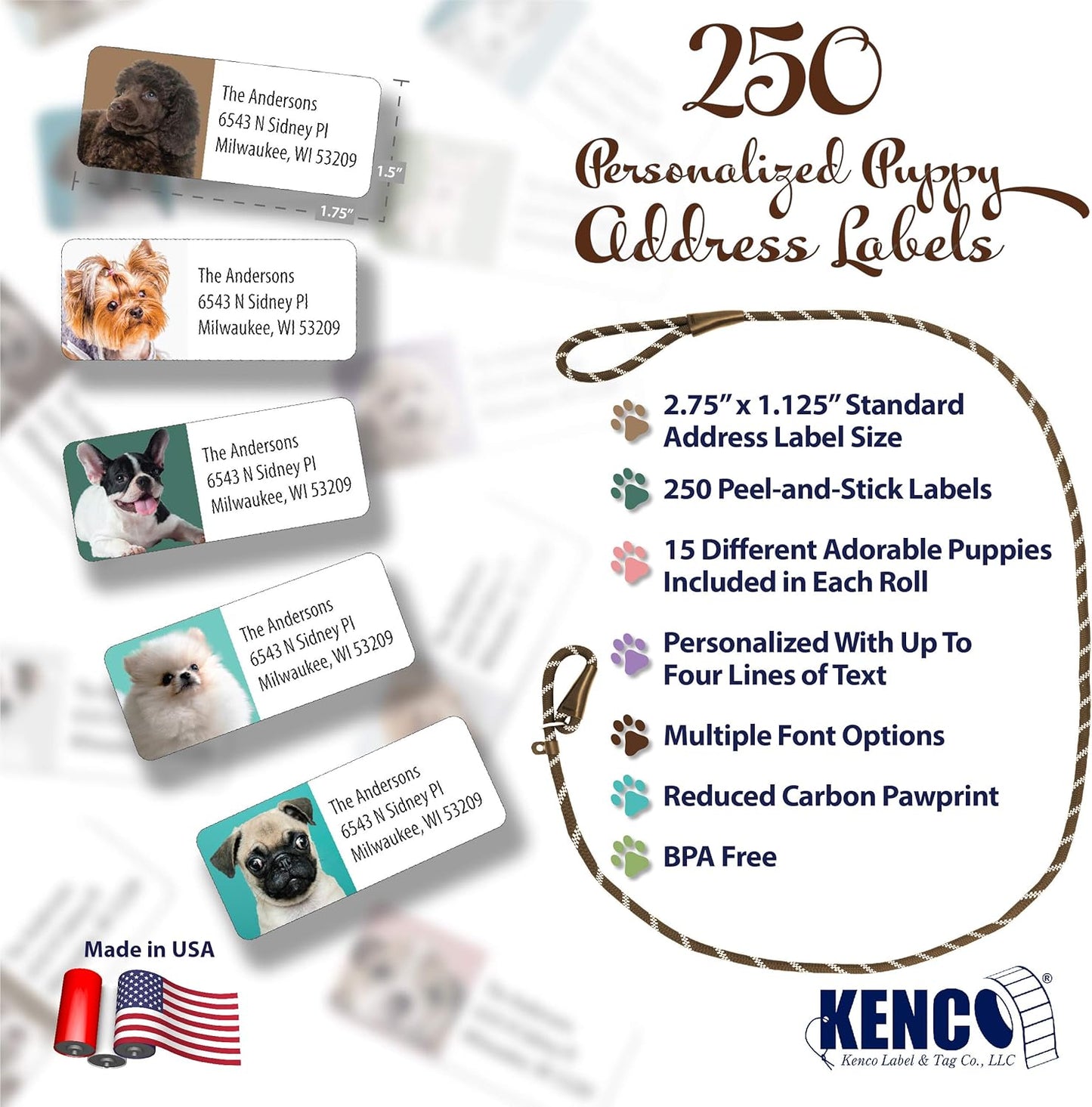 Customized Personalized Address Labels - Made in The USA by Kenco (250 Labels, Puppies) - Lumora Desk
