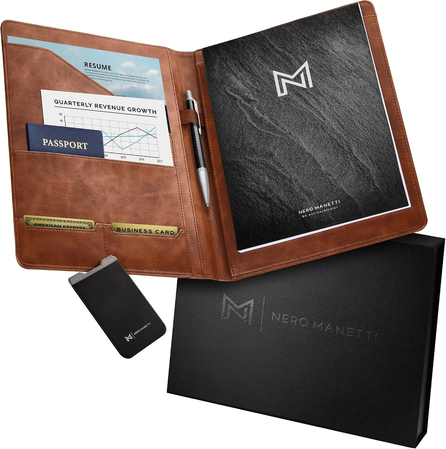 Nero Manetti - Leather Portfolio Folder - Business PU Leather Notepad Holder for Resumes, Legal Pad Executive Binder, Professional Padfolio Notebook for Women/Men (Brown)