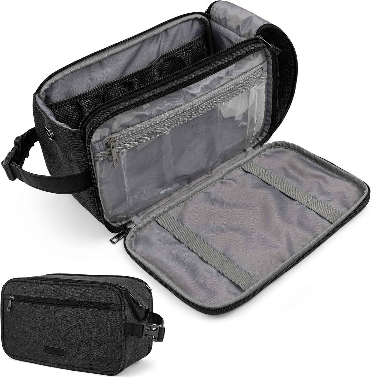 PAVILIA Toiletry Bag for Men, Canvas Dopp Kit, Travel Essentials Organizer, Water-Resistant Shaving, Grooming Kit, Large Hanging Bathroom Accessories Cosmetic Bag, Black