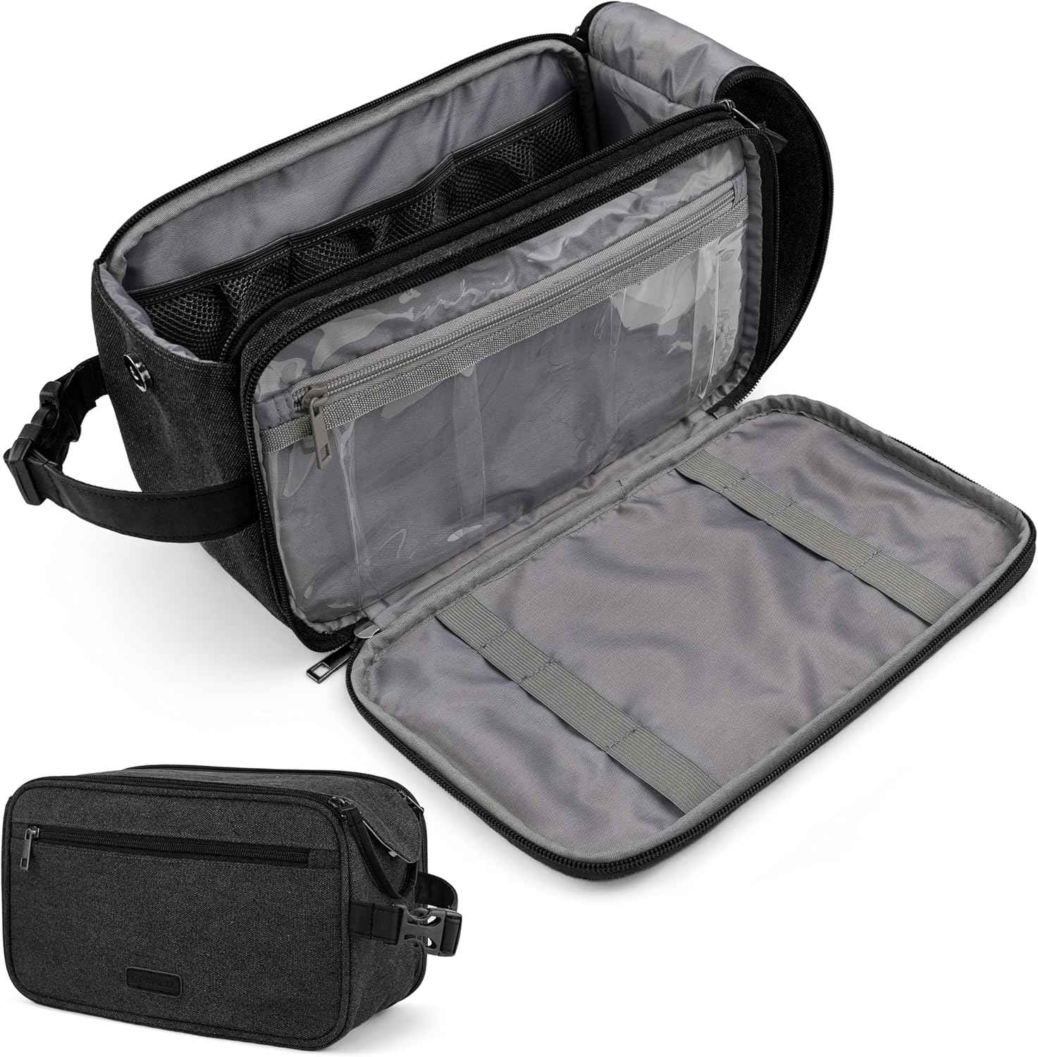 PAVILIA Toiletry Bag for Men, Canvas Dopp Kit, Travel Essentials Organizer, Water-Resistant Shaving, Grooming Kit, Large Hanging Bathroom Accessories Cosmetic Bag, Black