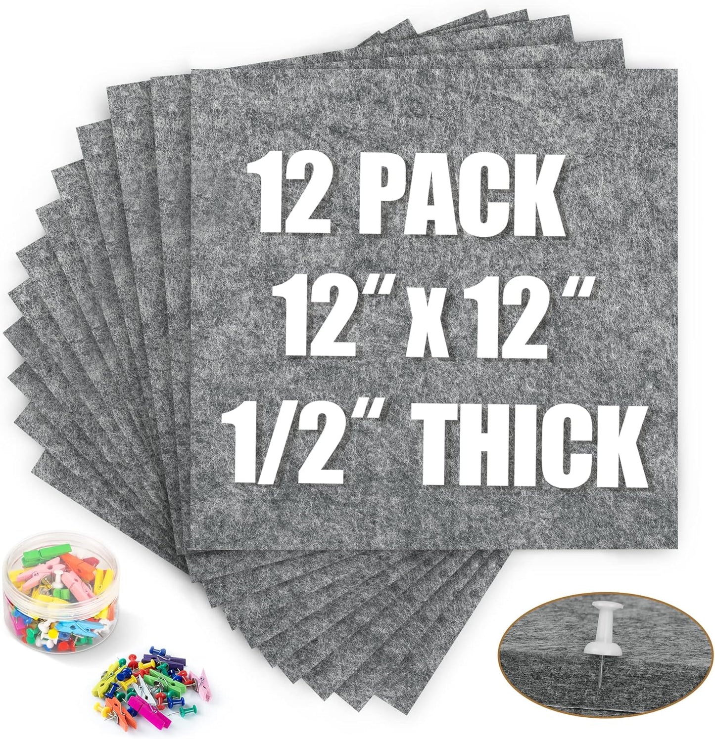 AKTOP Cork Bulletin Board 12x12, 1/2" Thick Felt Cork Board Tiles 12 Pack, Small Square Pin Board for Wall, Self Adhesive Corkboards with 120 Push Pin Wood Clips for School, Home & Office, Grey - Lumora Desk