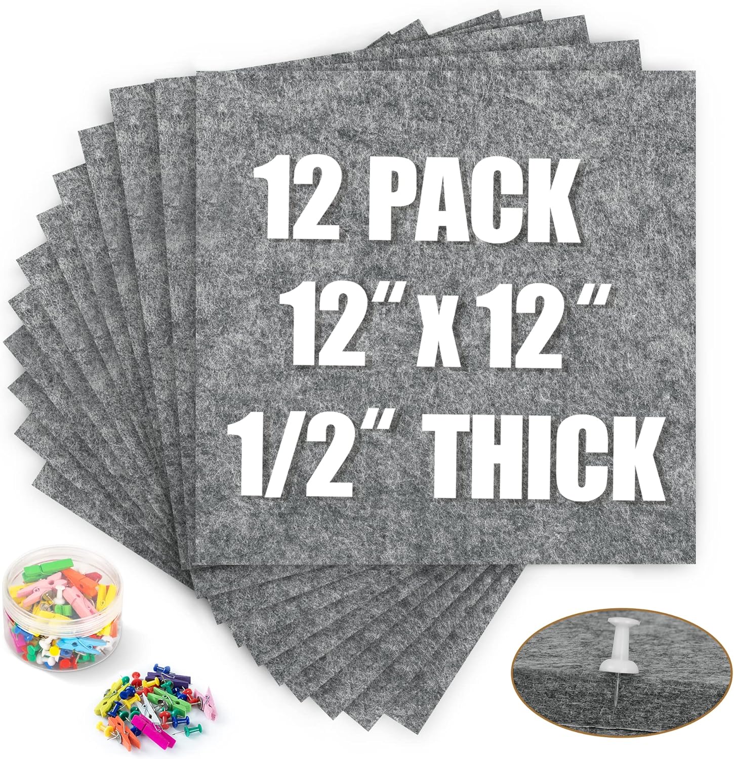 AKTOP Cork Bulletin Board 12x12, 1/2" Thick Felt Cork Board Tiles 12 Pack, Small Square Pin Board for Wall, Self Adhesive Corkboards with 120 Push Pin Wood Clips for School, Home & Office, Grey - Lumora Desk