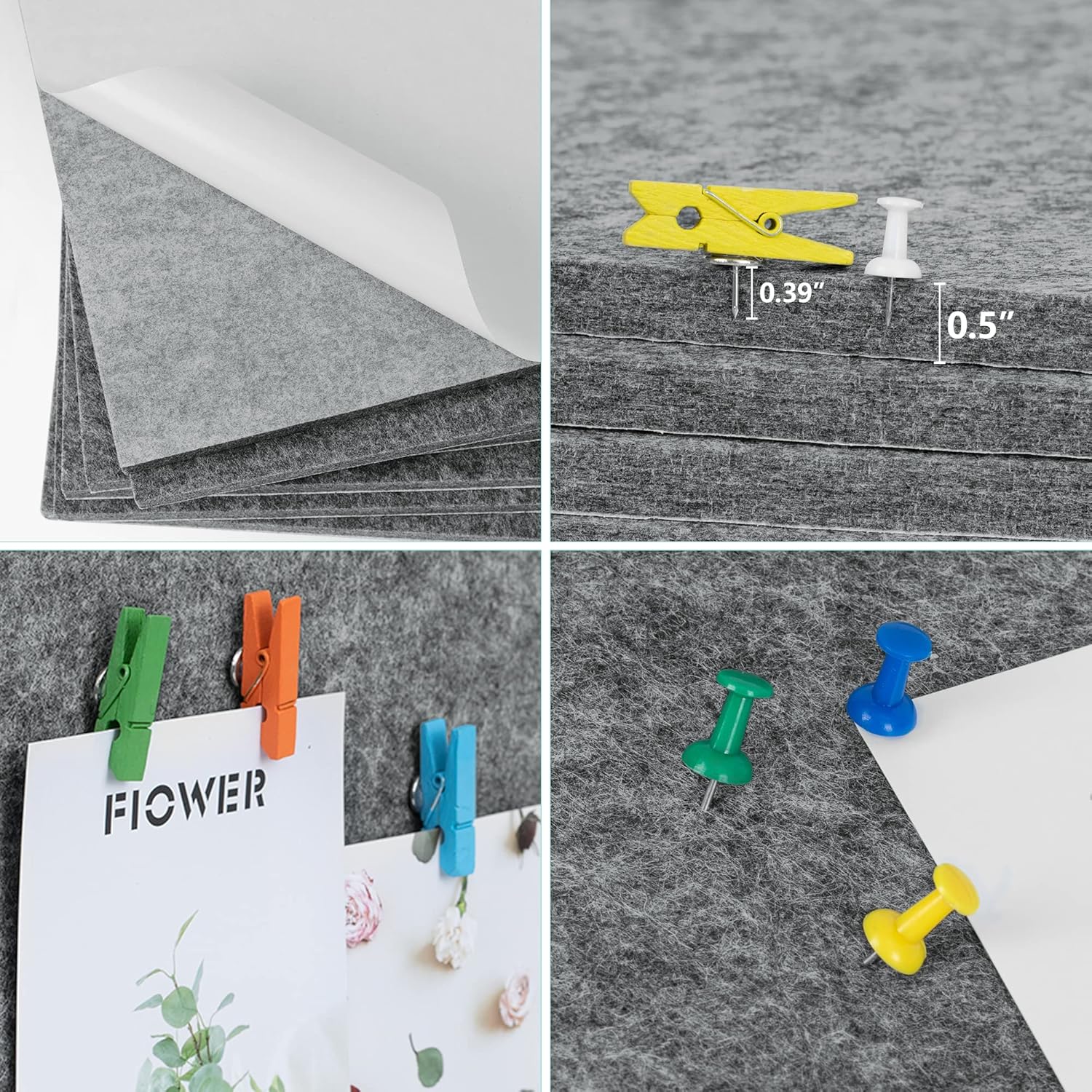 AKTOP Cork Bulletin Board 12x12, 1/2" Thick Felt Cork Board Tiles 6 Pack, Small Square Pin Board for Wall, Self Adhesive Corkboards with 60 Push Pin Wood Clips for School, Home & Office, Grey - Lumora Desk