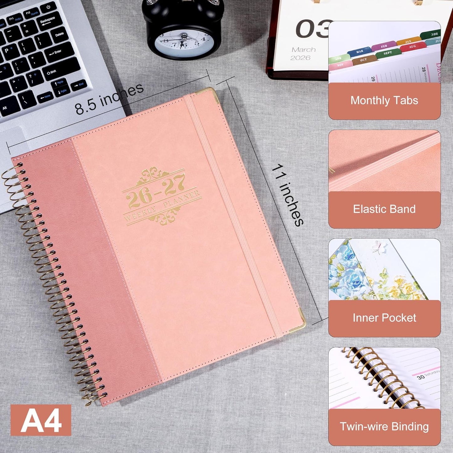 Planner 2026-2027, Leather Two-Tone Planner, 18 Month Weekly and Monthly Planner Calendar with Tabs, Jul 2026–Dec 2027, Large 8.5" x 11" A4 Hardcover Spiral Agenda Planner for Home, School and Work （Pink）