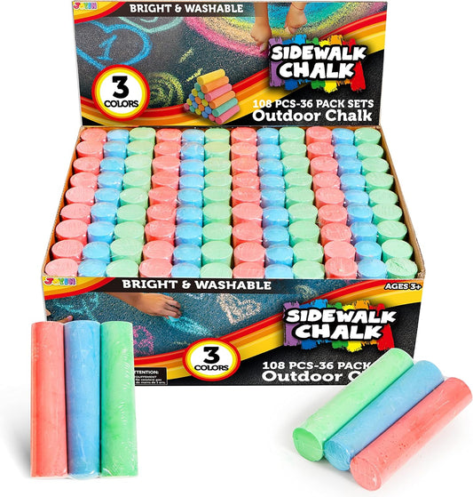 JOYIN 108 PCS Sidewalk Chalk Set in 36 Count, 3 Assorted Colors, Non-Toxic Jumbo Washable Driveway Chalk for Outdoor Art Play, Great Gift Toys for Kids, Classroom
