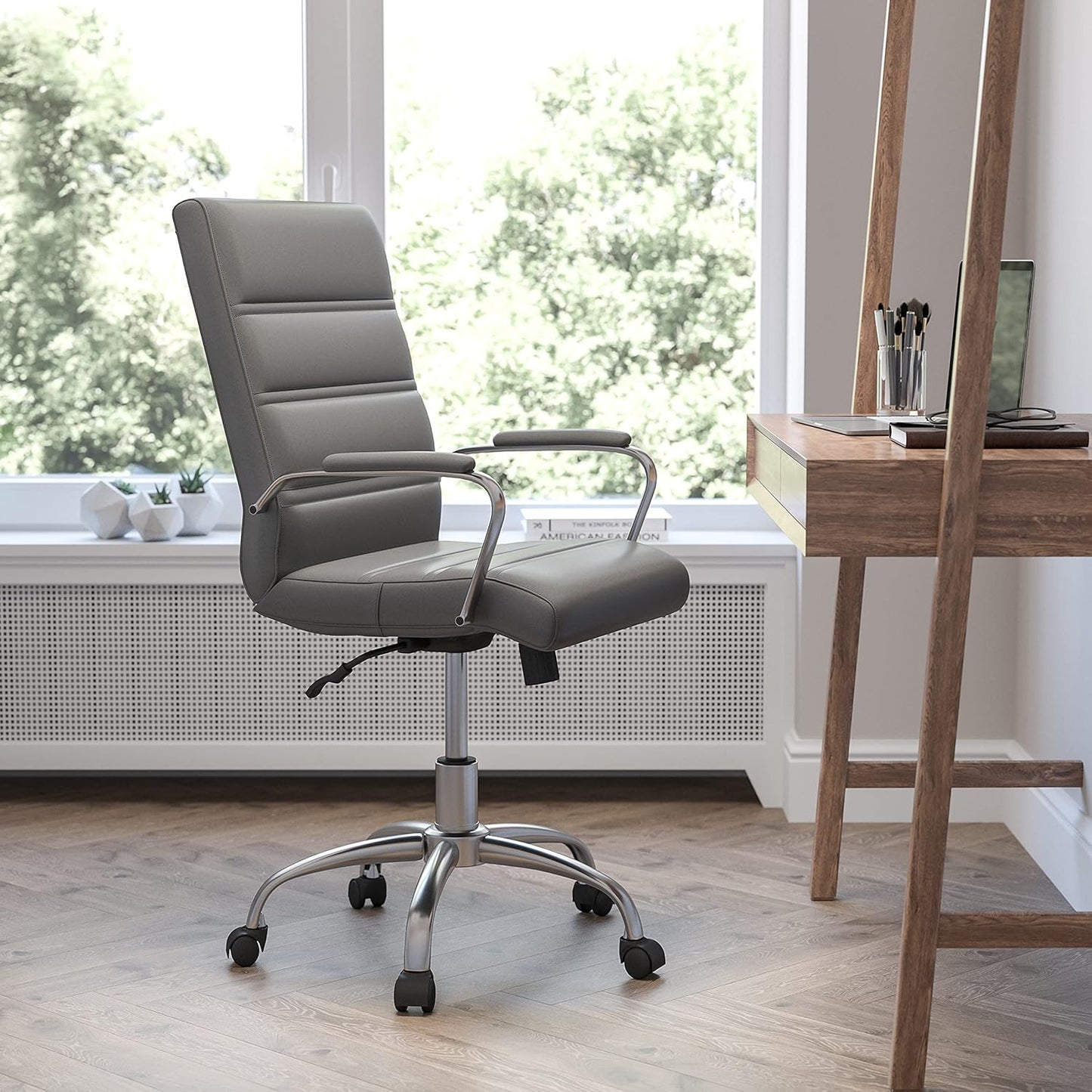 Flash Furniture Whitney Mid-Back Swivel LeatherSoft Desk Chair with Padded Seat and Armrests, Adjustable Height Padded Office Chair, Gray/Chrome