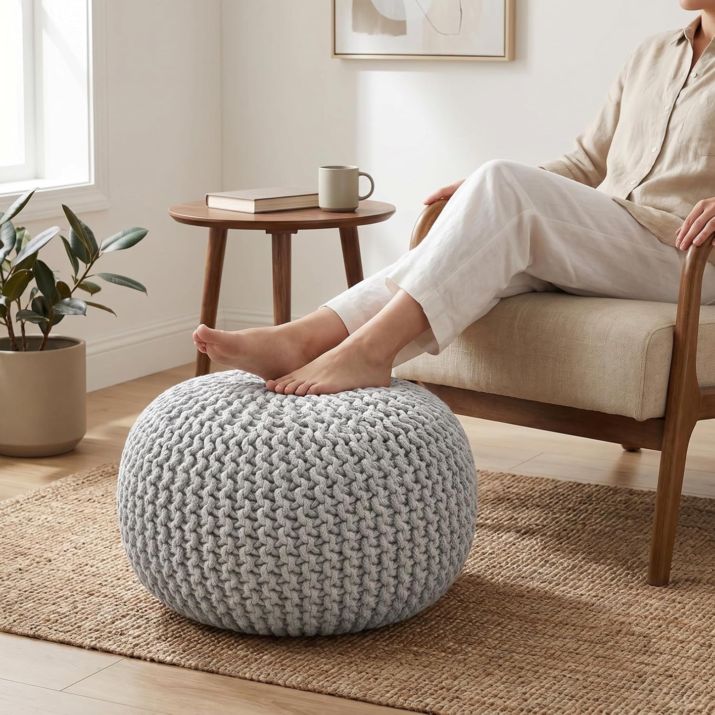 Palisa Grey Pouf Ottoman 20x20x14 Inches | Knitted Round Pouffe for Extra Sitting | Multipurpose Accent Seating for Living Room and Bedroom