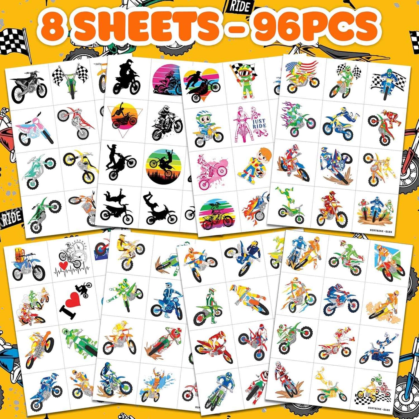 [96 PCS] Dirt Bike Motorcycle Pre-Cut Temporary Tattoos for Kids | Super Cute Motocross Themed Birthday Party Favors, Supplies, Decorations, Fake Tattoo Stickers, School Rewards Gifts For Boys & Girls