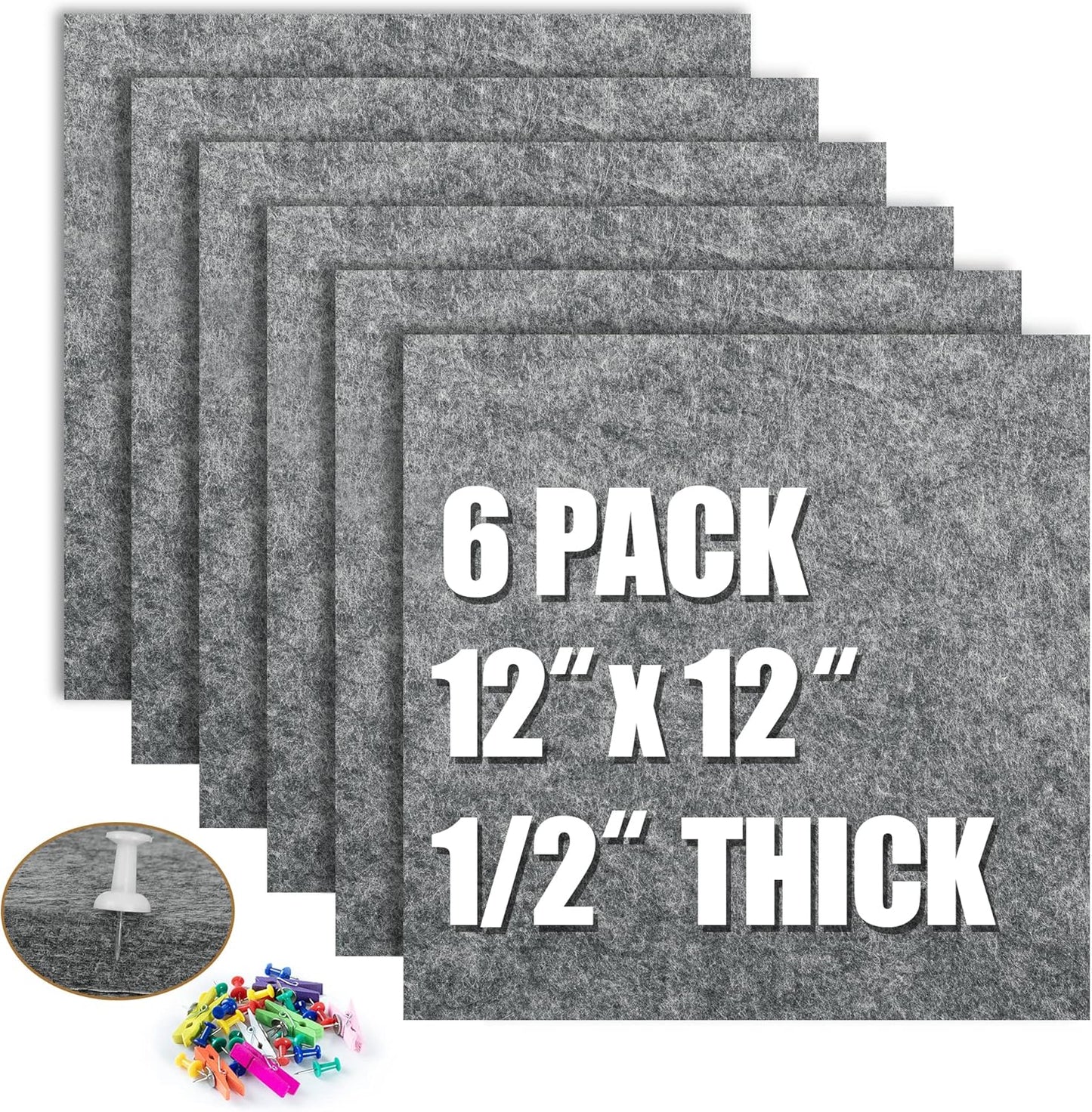 AKTOP Cork Bulletin Board 12x12, 1/2" Thick Felt Cork Board Tiles 6 Pack, Small Square Pin Board for Wall, Self Adhesive Corkboards with 60 Push Pin Wood Clips for School, Home & Office, Grey - Lumora Desk