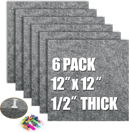 AKTOP Cork Bulletin Board 12x12, 1/2" Thick Felt Cork Board Tiles 6 Pack, Small Square Pin Board for Wall, Self Adhesive Corkboards with 60 Push Pin Wood Clips for School, Home & Office, Grey - Lumora Desk