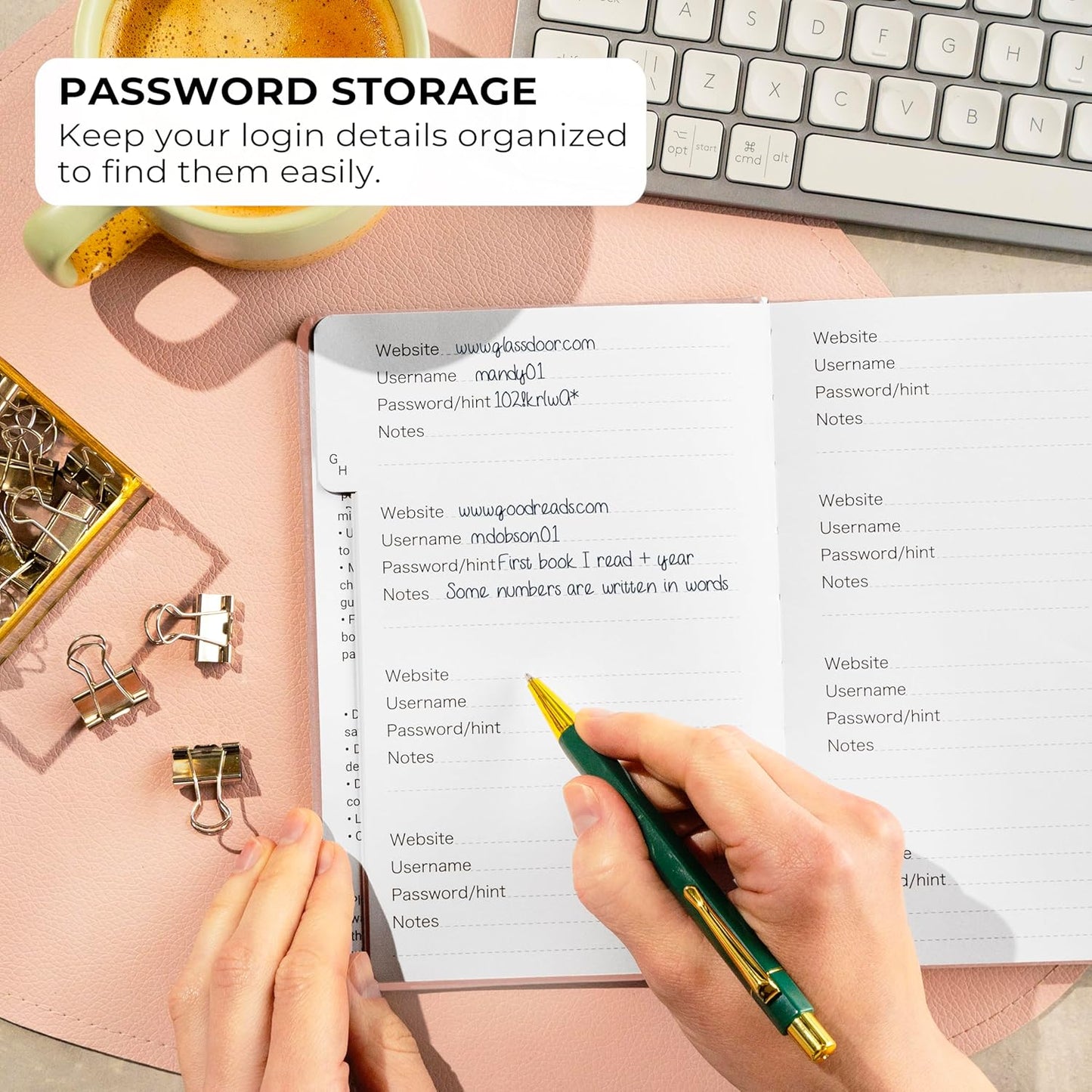 Clever Fox Password Book with alphabetical tabs. Internet Address Organizer Logbook. Medium Password Keeper for Website Logins (Rose Gold)