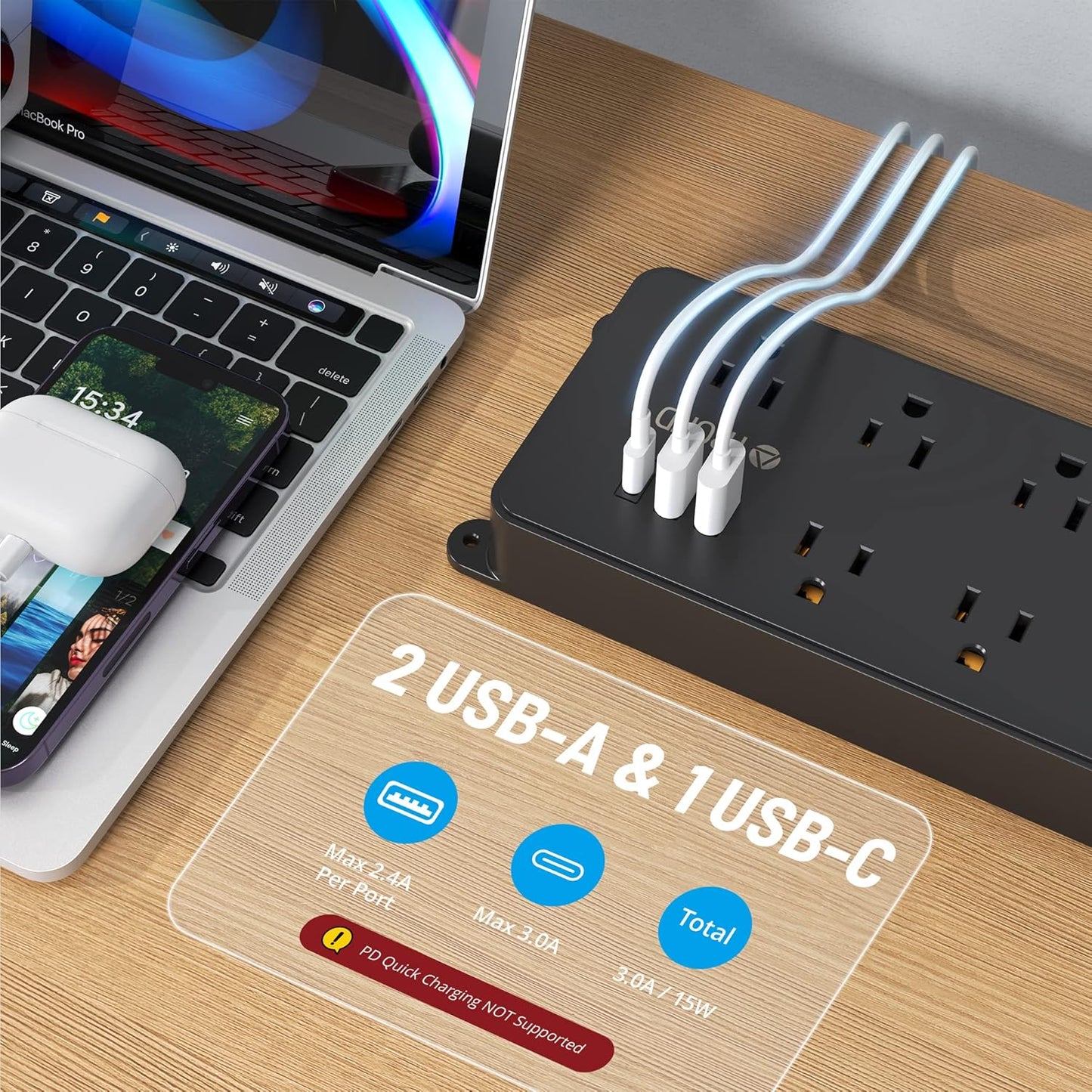 TROND Surge Protector Power Strip, Flat Plug 15ft Long Extension Cord, 7 Widely-Spaced Outlets with 3 USB Ports, ETL Listed, 1700J, Wall Mountable, for Home Office Garage, Black