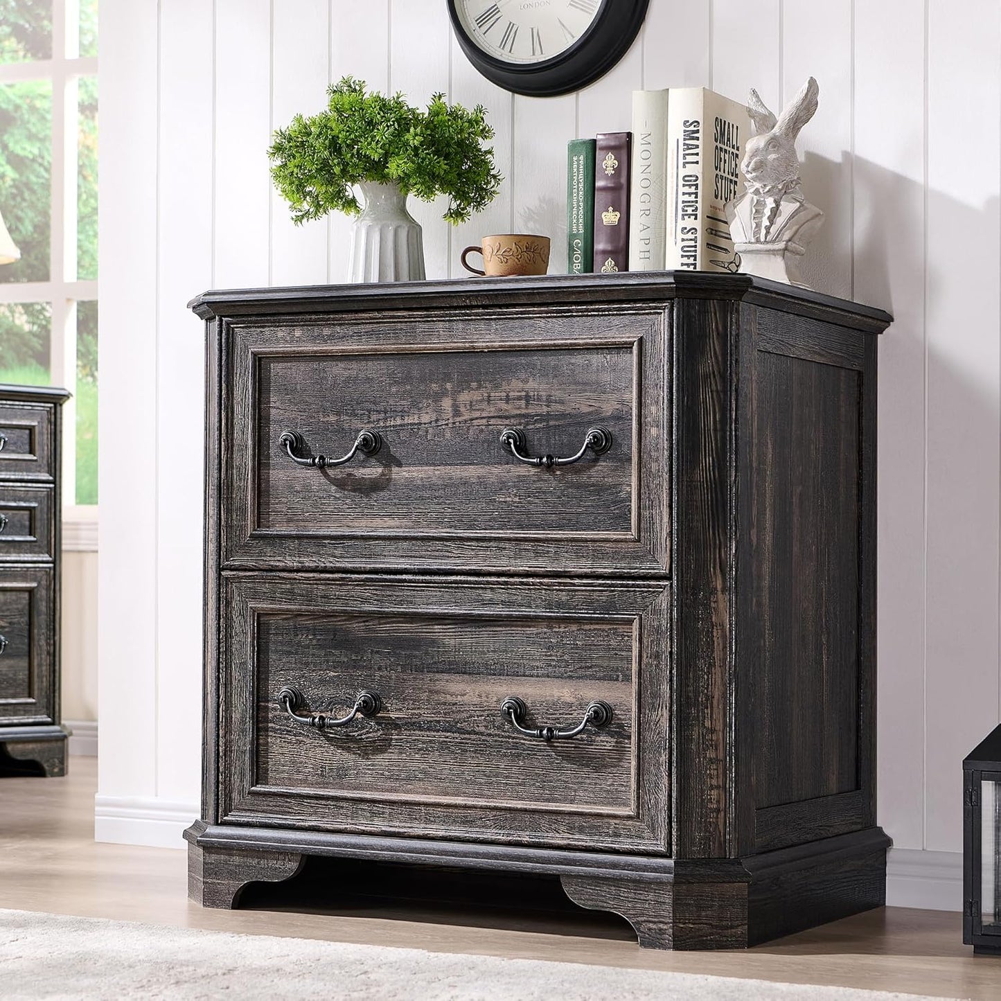 T4TREAM 2 Drawer File Cabinet Set of 2, 30" Wide Wooden Extended Desktop, Farmhouse Filing Cabinet with Smooth Rails, Holds Letter/Legal/A4, Hexagonal Design & Framed Drawer Fronts, Dark Rustic Oak