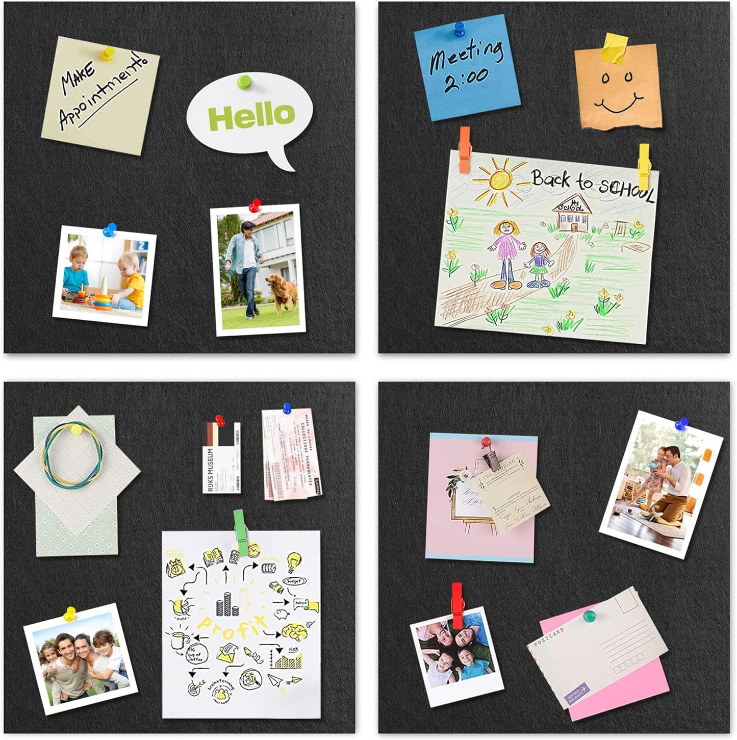 AKTOP Black Cork Bulletin Board 12x12, 1/2" Thick Felt Cork Board Tiles 12 Pack, Small Square Pin Board for Wall, Self Adhesive Corkboards with 120 Push Pin Wood Clips for School, Home & Office - Lumora Desk