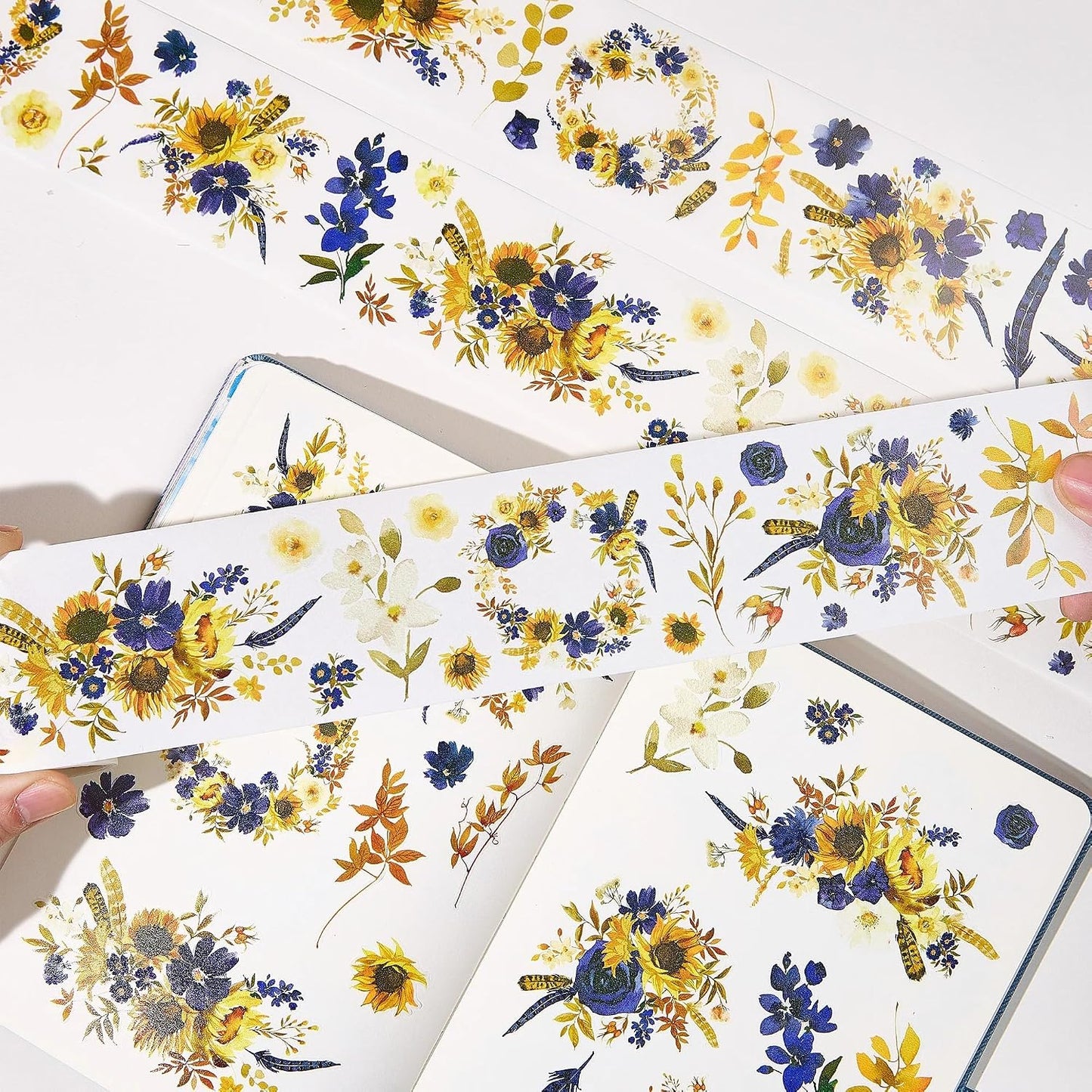 WT Pre-Cut Sunflower & Navy Wide Washi Tape, 60mm Width, Single Roll, Floral Decorative Tape for Journaling, Planners, Bujo, DIY Crafts, Original Design Paper Tape