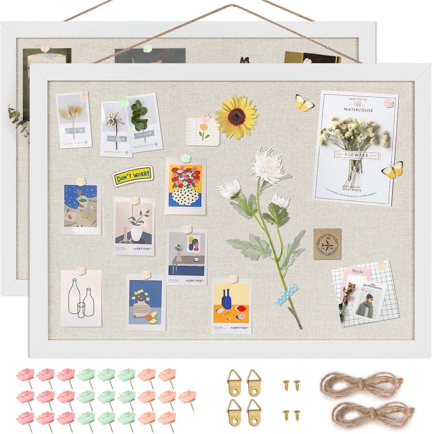 Cork Board Bulletin Board 16.7" x 11", 2-Pack Small Linen Corkboards with Frame for Walls, Cute Picture Display Pin Board Vision Board for Room School Office Bedroom 25 Pushpins Vintage White - Lumora Desk