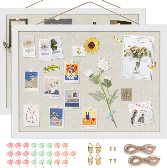 Cork Board Bulletin Board 16.7" x 11", 2-Pack Small Linen Corkboards with Frame for Walls, Cute Picture Display Pin Board Vision Board for Room School Office Bedroom 25 Pushpins Vintage White - Lumora Desk