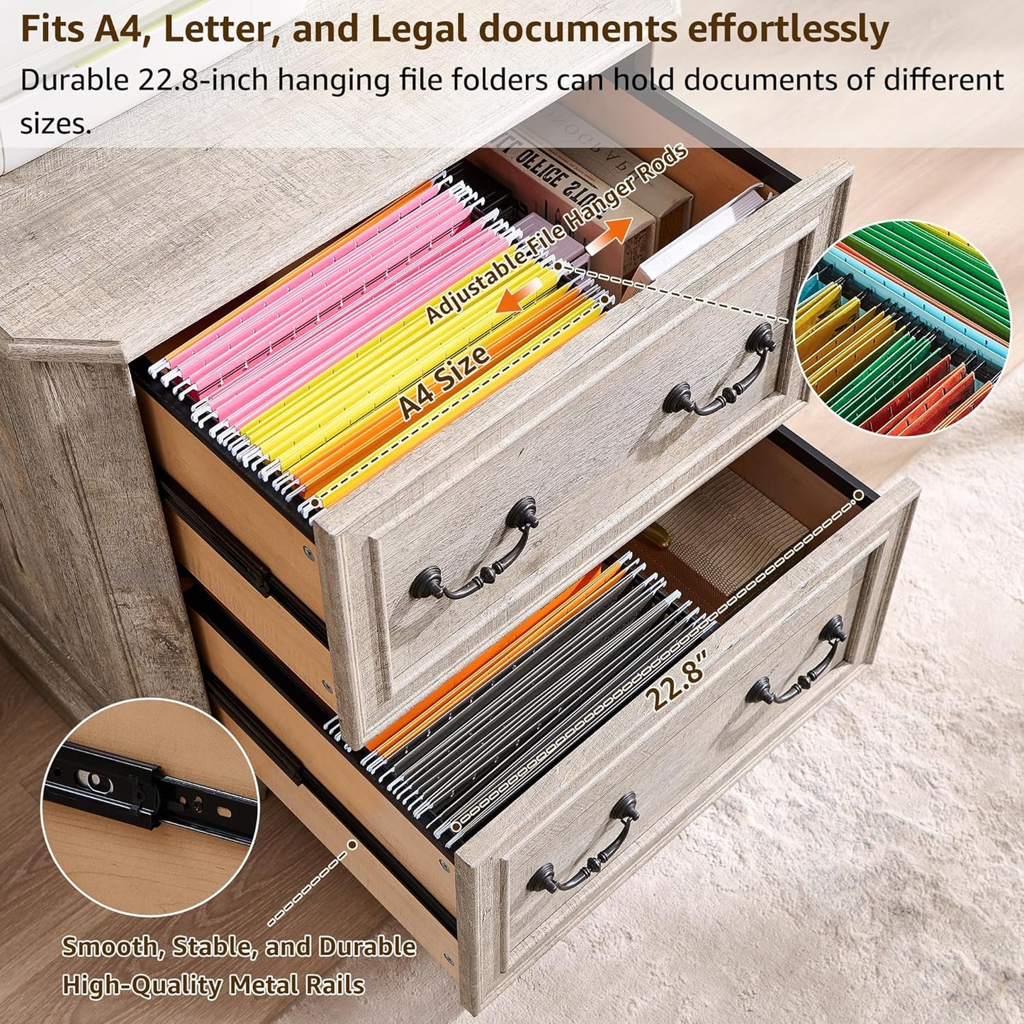 T4TREAM 2 Drawer File Cabinet Set of 2, 30" Wide Wooden Extended Desktop, Farmhouse Filing Cabinet with Smooth Rails, Holds Letter/Legal/A4, Hexagonal Design & Framed Drawer Fronts, Antique White