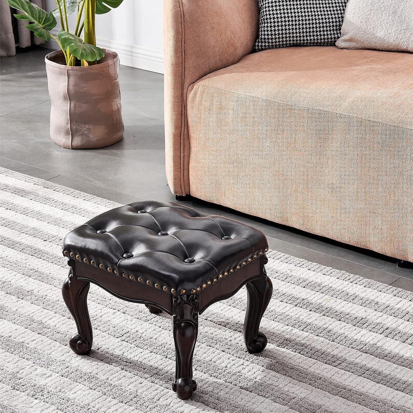 Foot Stool Ottoman Foot Rest Microfiber Leather Upholstered Footstool for Sofa, Living Room, Entryway, Solid Wood Stool (Dark Brown)