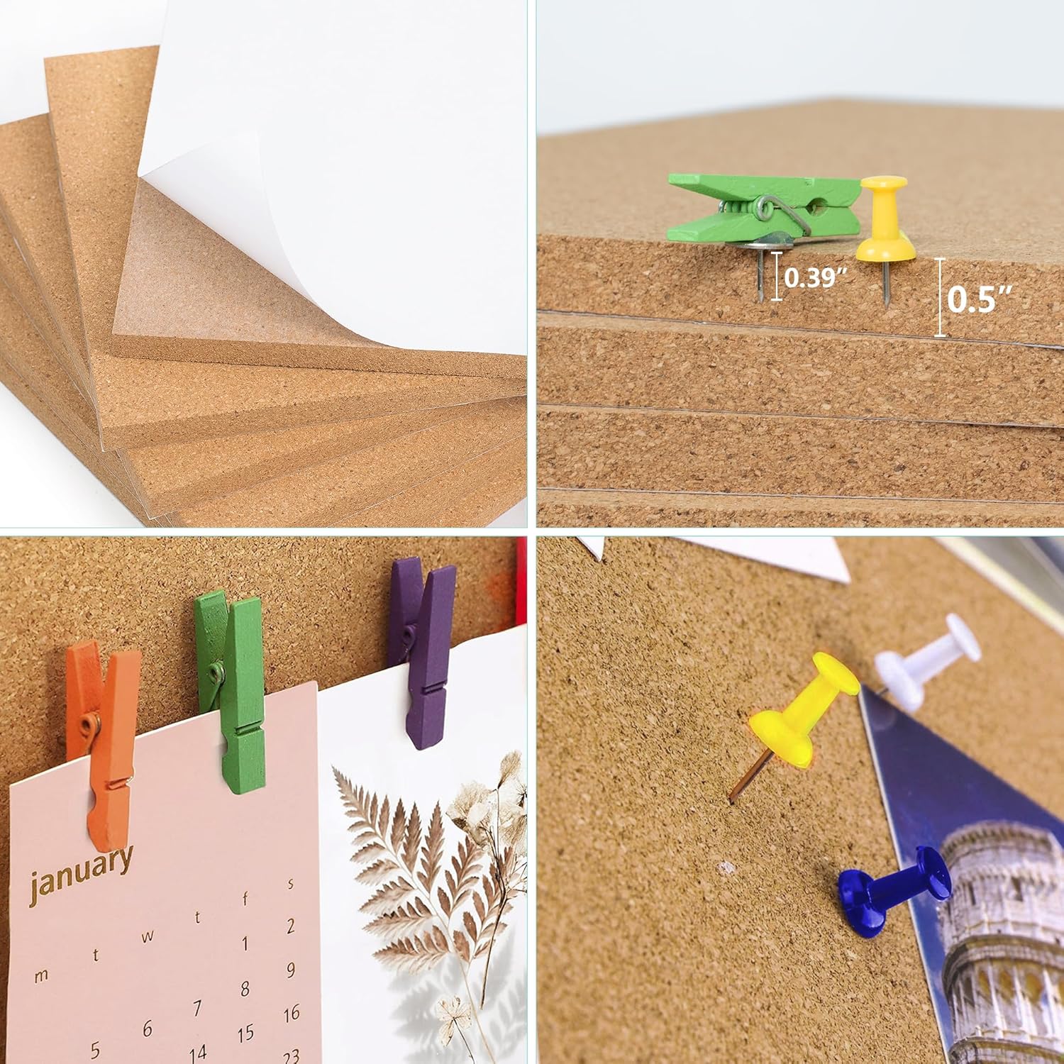 AKTOP Cork Board Bulletin Board 17"x8", 1/2" Thick Cork Board Tiles 6 Pack, Small Pin Board for Wall Decor, Self Adhesive Corkboards with 60 Push Pin Wood Clips for School, Home & Office - Lumora Desk