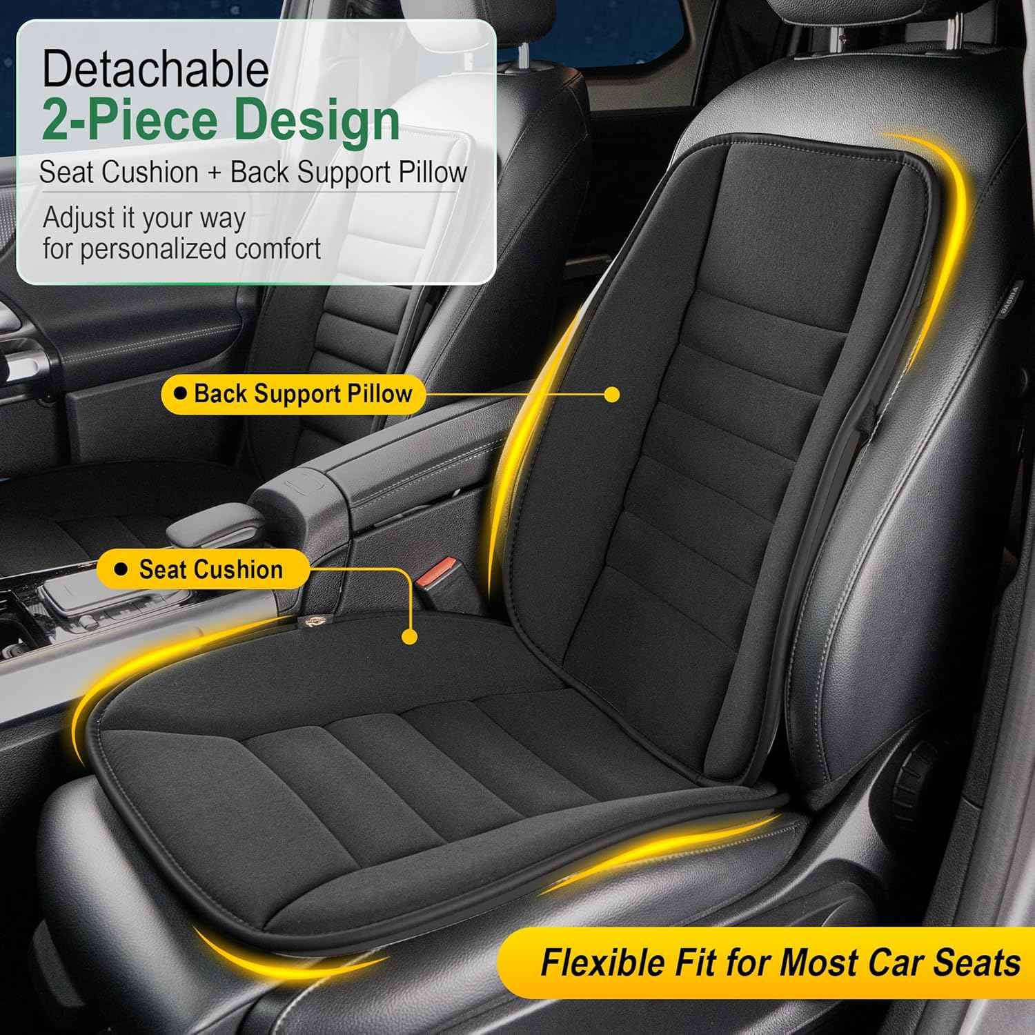 kingphenix 5-Piece Memory Foam Car Seat Cushion Set with Full Back Support Pillow, Comfort for Long Drives & Road Trips, Universal Automotive Comfort for Most Car, Van, Truck, SUV, Black