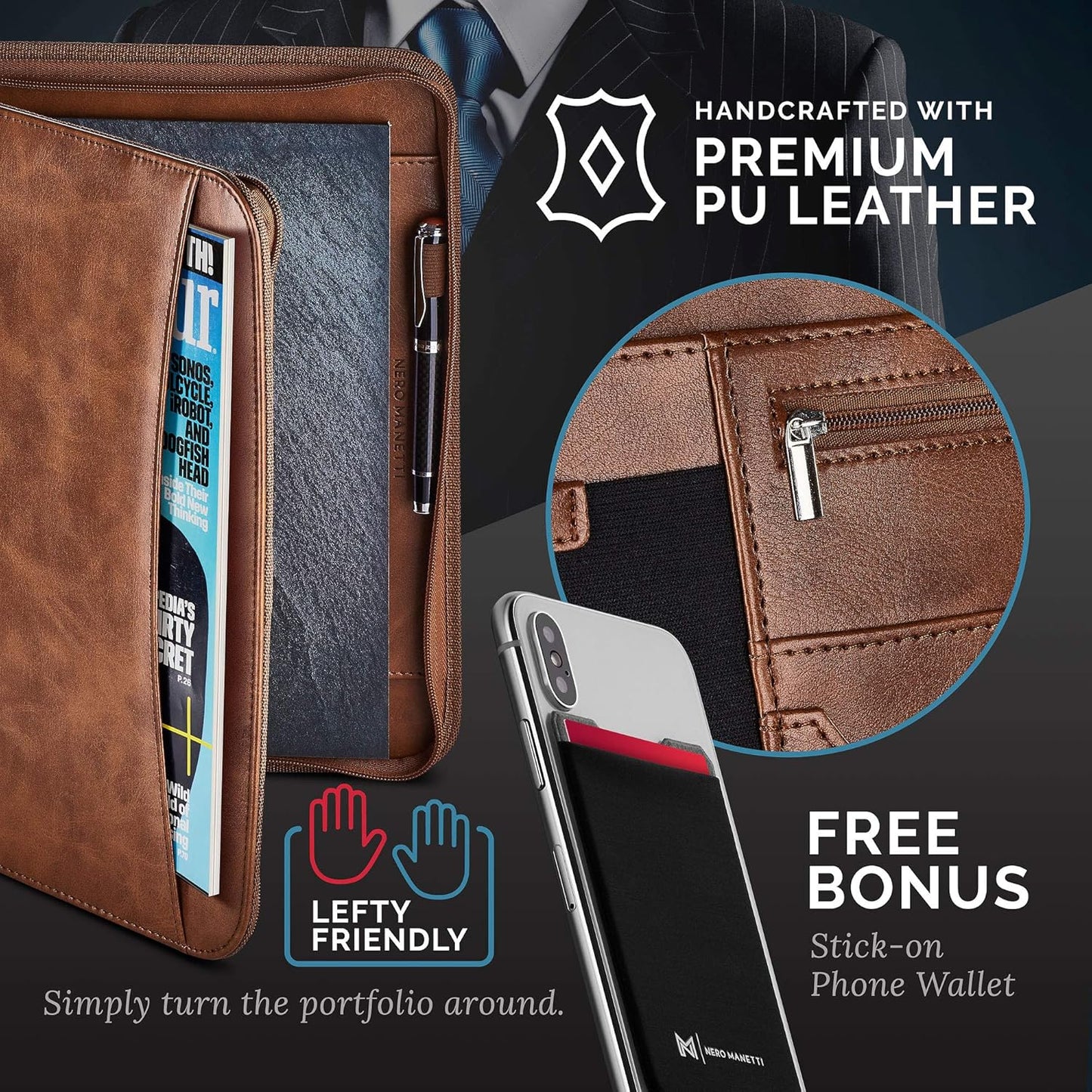 NERO MANETTI- Zippered Vegan Leather Padfolio/Portfolio Pad Holder-Business PU Leather Notepad Folder for Resumes, Interviews, iPad/Tablet, Phone, Legal Pad Notebook Executive Binder for Women, Men