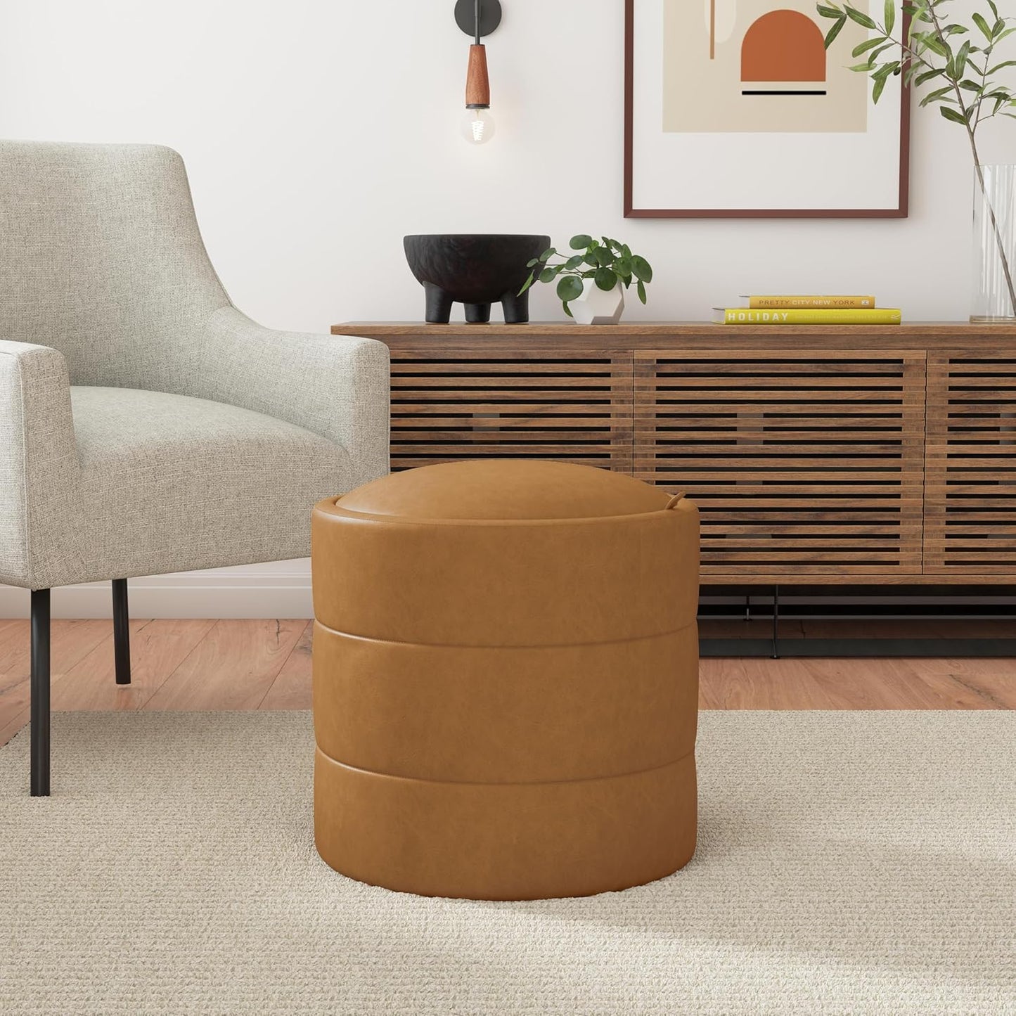 HomePop Storage Round Ottoman with Removable Lid Home Décor|Upholstered Round Velvet Foot Rest Ottoman - Carmel Faux Leather