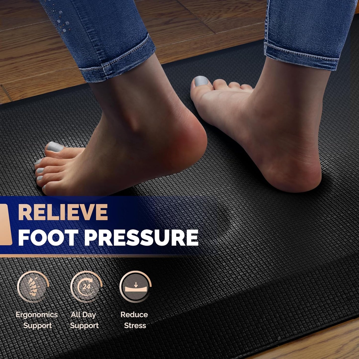 FEATOL 4 Packs Anti Fatigue Mats for Kitchen Floor Thick Cushioned Standing Desk Mat, Ergonomic Kitchen Mats Set of 4, Memory Foam Comfort Floor Padded Foam Rugs, Non-Slip (20" x 39", Black)