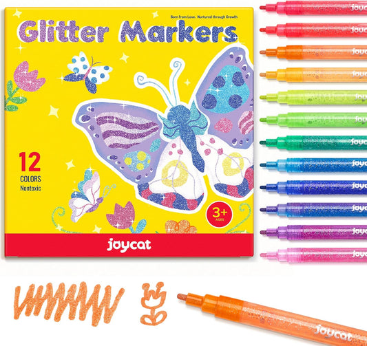 JoyCat 3mm Medium Tip Glitter Markers - 12 Vibrant Colors (Red to Pink) | 3ml High-Capacity Ink | Multi-Surface Paint Pens for Rock, Wood, Fabric, Glass | Gift for Kids DIY Crafts