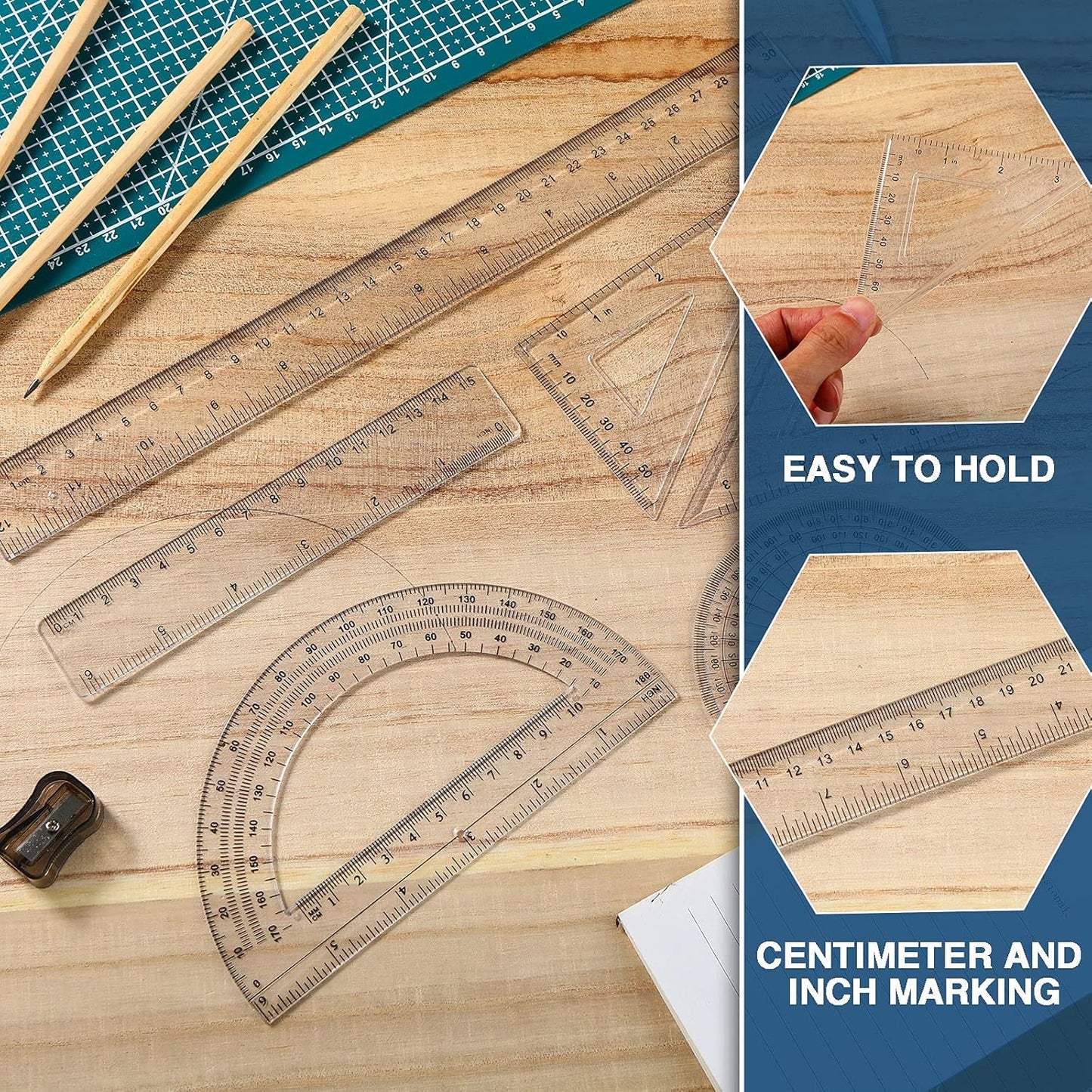 Tenare 36 Pcs Plastic Clear Math Set Includes Protractor Triangle Rulers 12 Inch 6 Inch Straight Geometry Math Transparent Ruler Measuring Tool for School Office Home Supplies