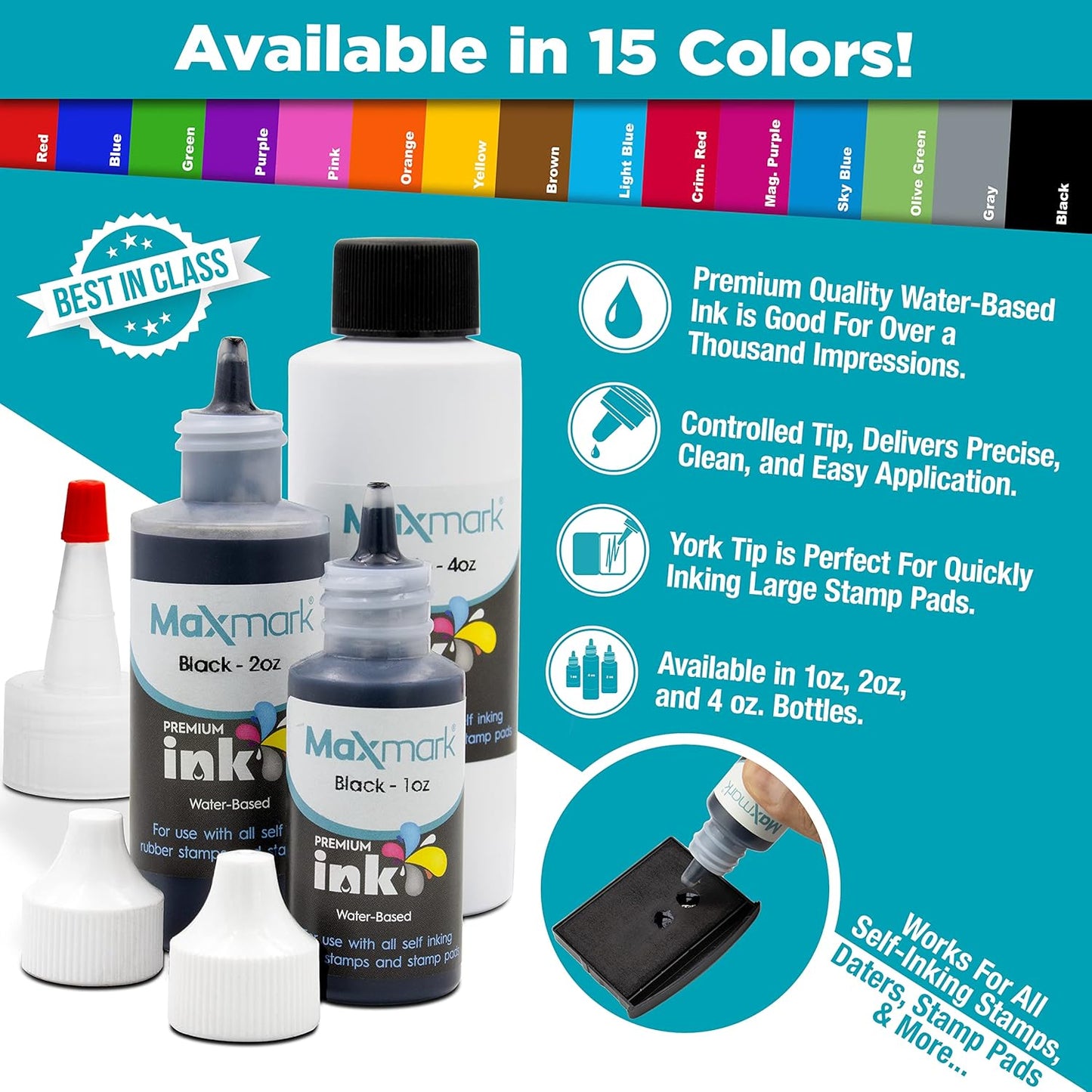 MaxMark Premium Refill Ink for self Inking Stamps and Stamp Pads, Black Color - 2 oz.