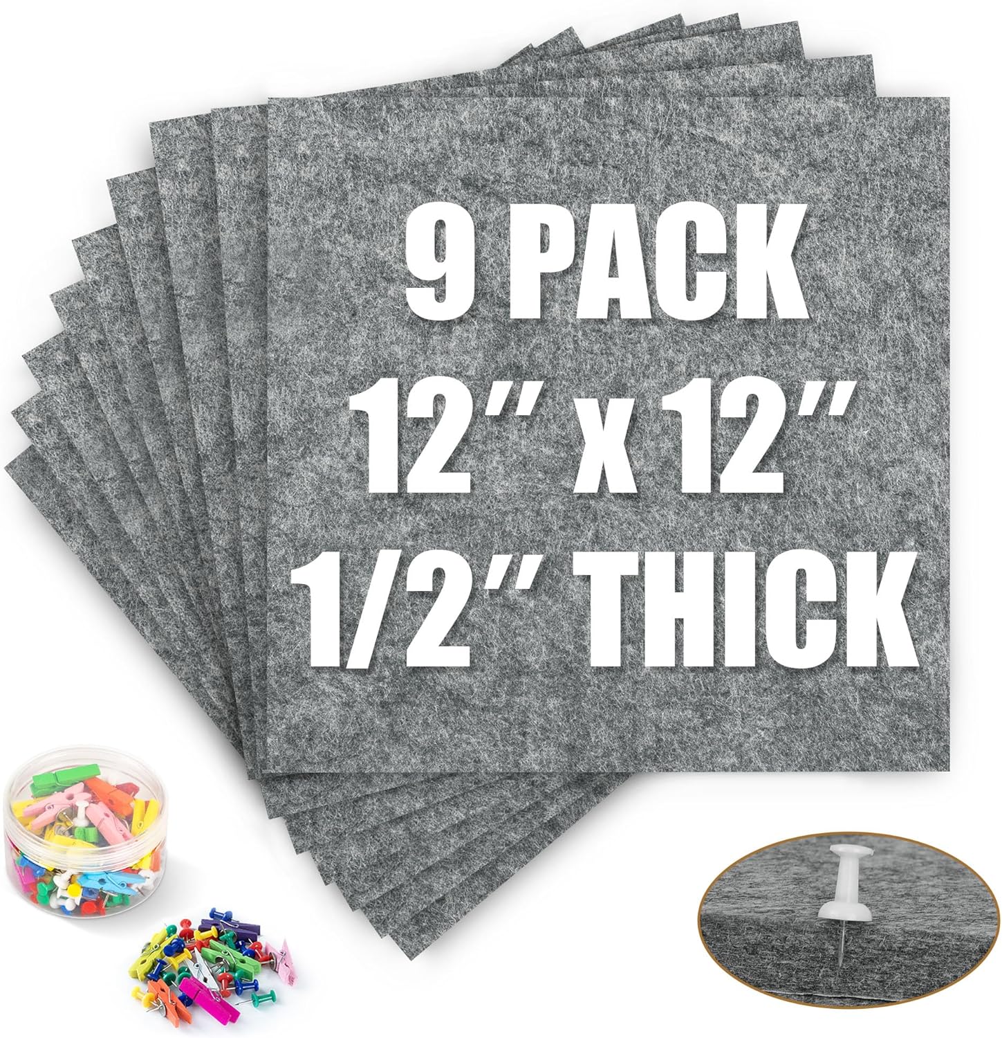 AKTOP Cork Bulletin Board 12x12, 1/2" Thick Felt Cork Board Tiles 9 Pack, Small Square Pin Board for Wall, Self Adhesive Corkboards with 120 Push Pin Wood Clips for School, Home & Office, Grey - Lumora Desk