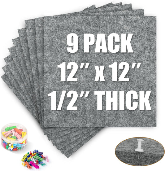 AKTOP Cork Bulletin Board 12x12, 1/2" Thick Felt Cork Board Tiles 9 Pack, Small Square Pin Board for Wall, Self Adhesive Corkboards with 120 Push Pin Wood Clips for School, Home & Office, Grey - Lumora Desk