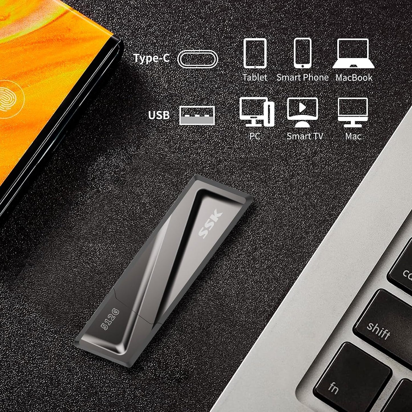 SSK 512GB USB Flash Drive 550MB/s USB 3.2 Gen2 USB Thumb Drive Fast Transfer Speed Externel Solid State Drive +USB C Adapter USB C Memory Stick for Type C Smartphone,MacBook/Pro/Air Laptop and More