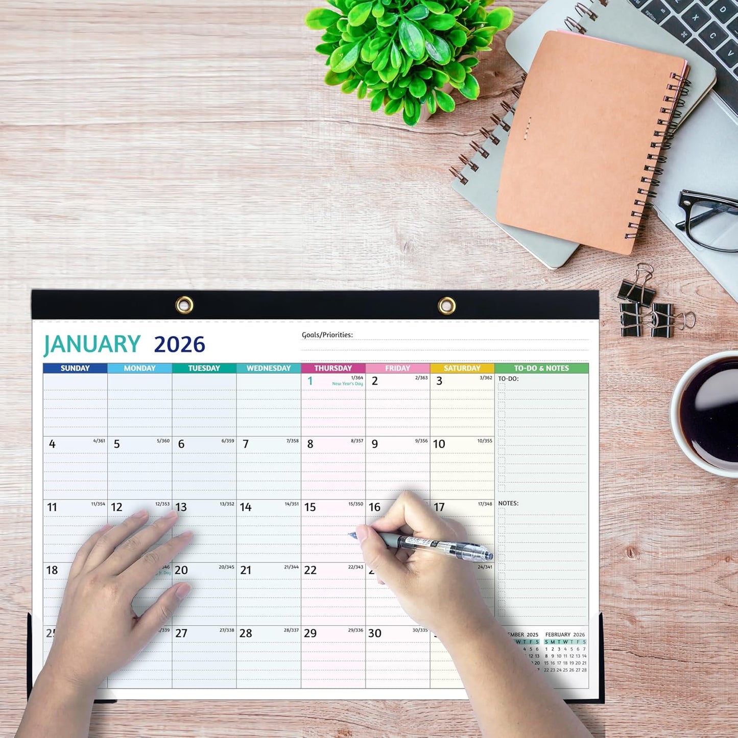 Desk Calendar 2026-2027 – Jan 2026 - Jun 2027, 18 Monthly Desk Calendar 2026-2027 Large, 17’’ x 12’’, 2026 Desk/Wall Calendar with To-do Lists, Desk Pad, Ruled Blocks, Corner Protectors