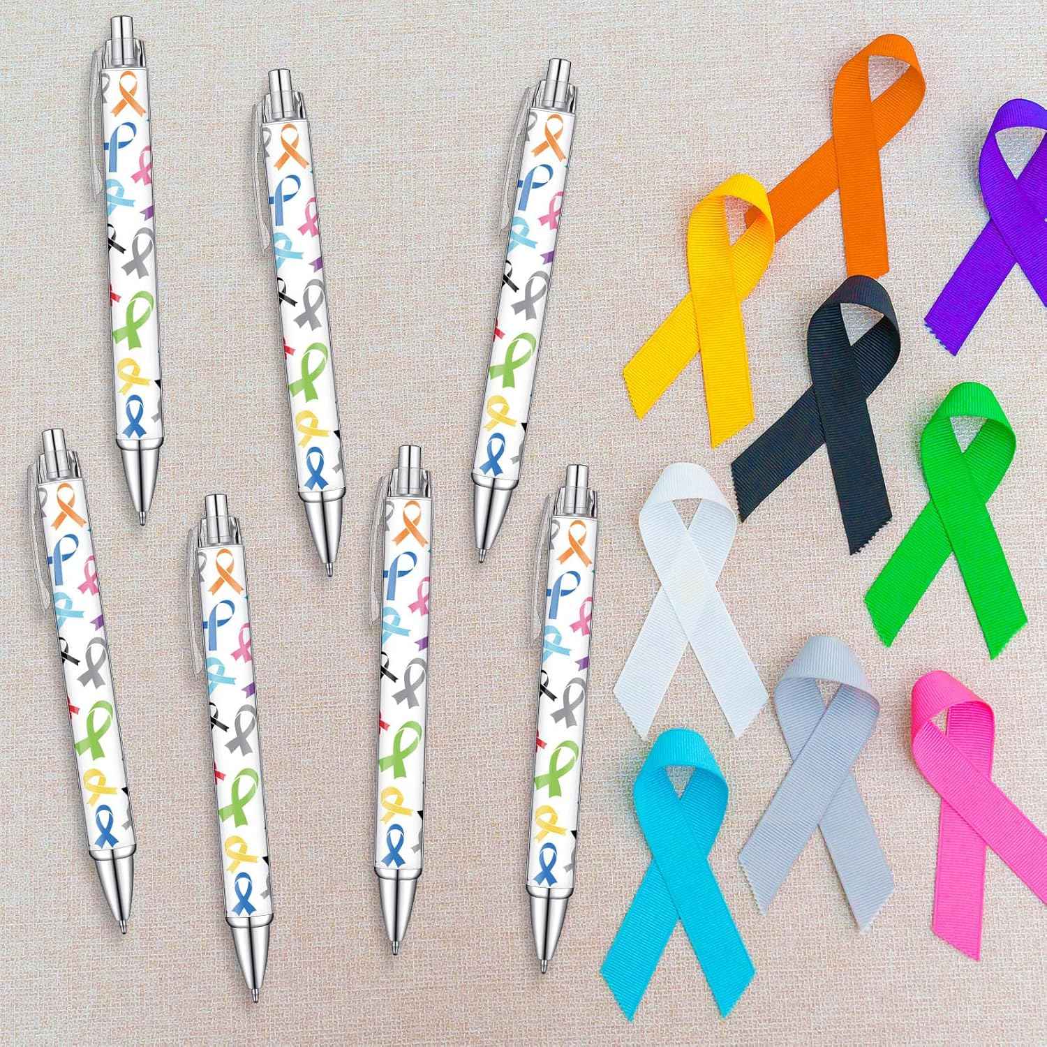 Fulmoon Cancer Awareness Ballpoint Pens Bulk Colorful Ribbon Retractable Gel Pen Black Ink Sarcoma Lung Breast Cancer Awareness Items for Public Events Charity Supplies(100)