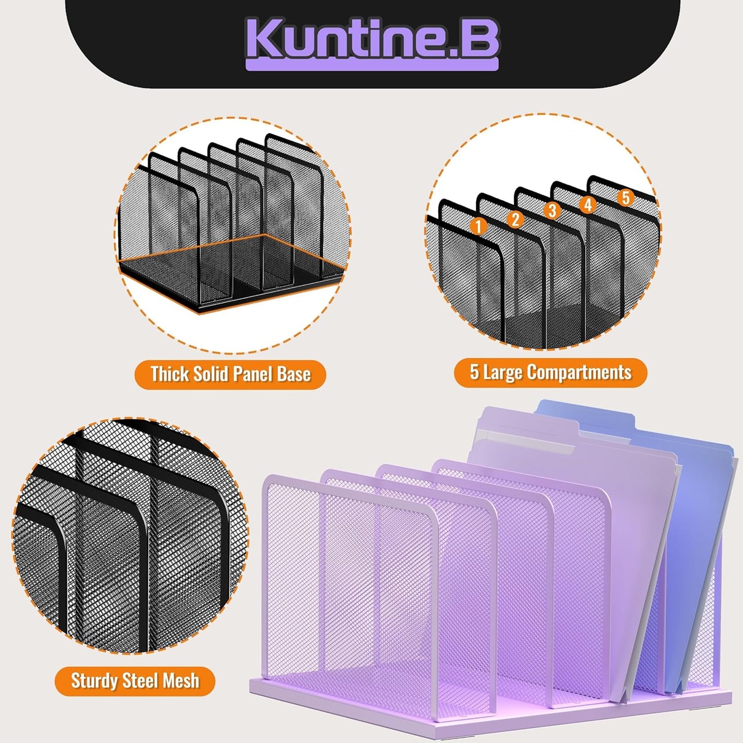Kuntine.B Desk File Organizer Upright Mesh Desktop Organizer File Sorter Office Organization File Holder for Home, Office & Classroom (Purple, 1 Pack 5-Section)