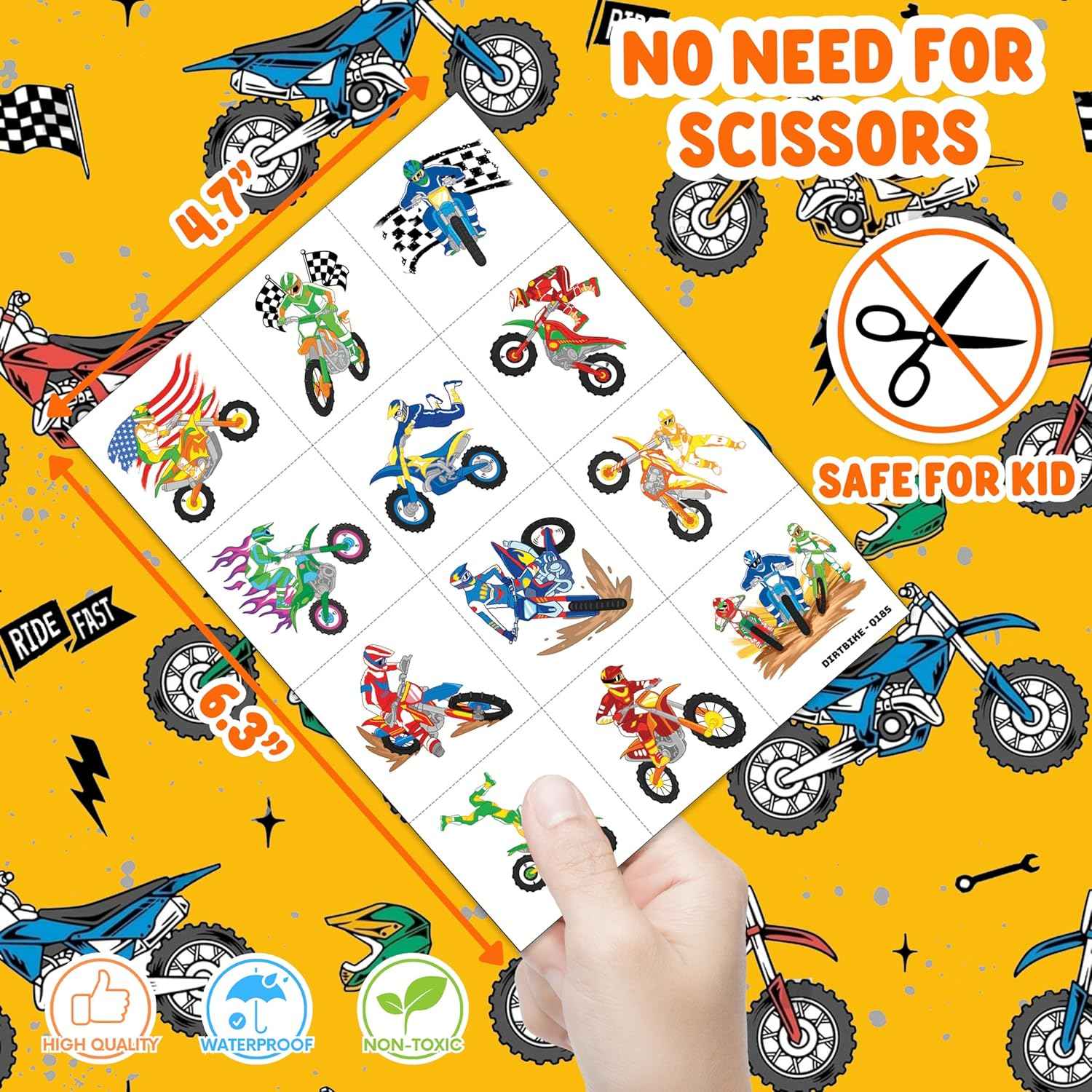 [96 PCS] Dirt Bike Motorcycle Pre-Cut Temporary Tattoos for Kids | Super Cute Motocross Themed Birthday Party Favors, Supplies, Decorations, Fake Tattoo Stickers, School Rewards Gifts For Boys & Girls