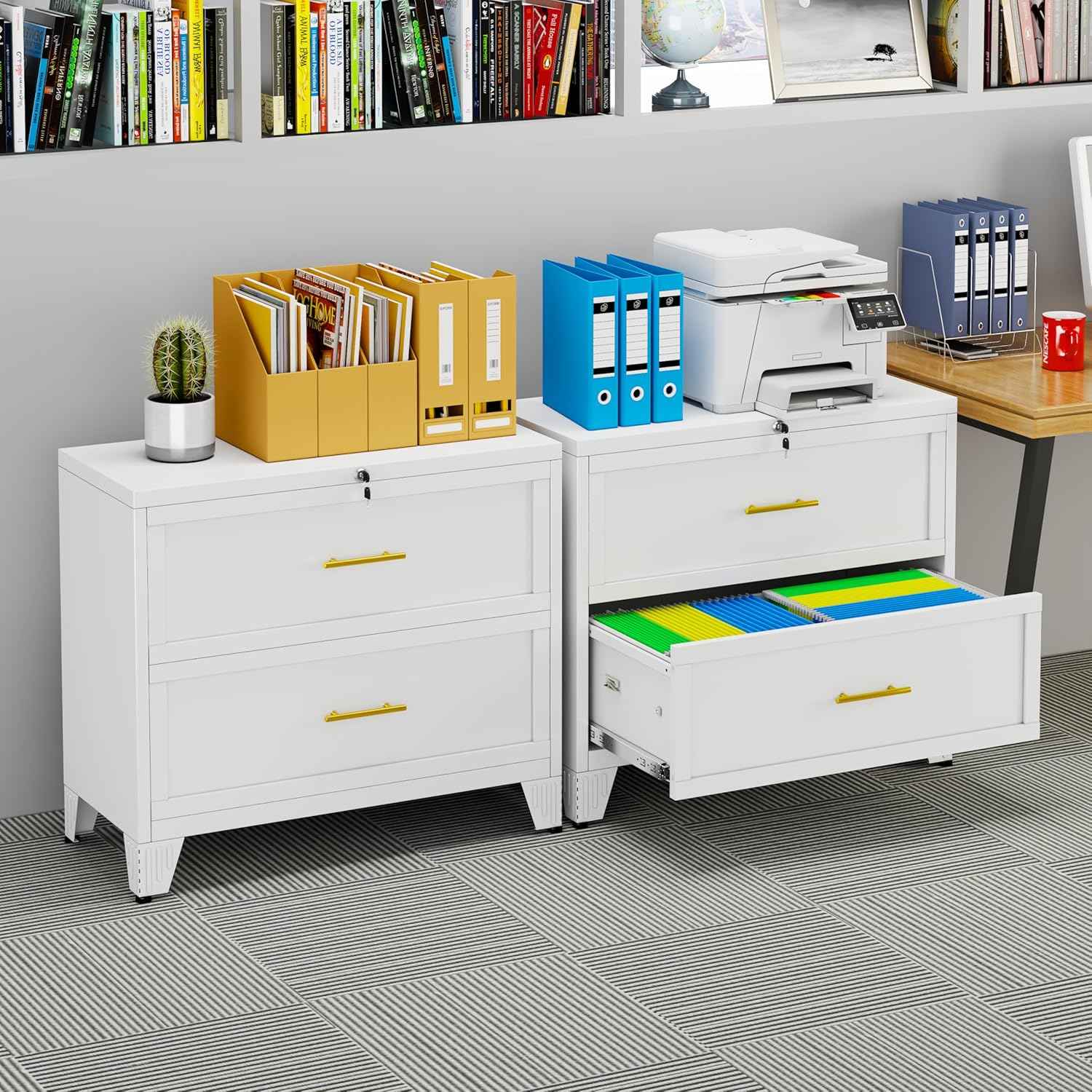 Metal Lateral File Cabinet with Lock,2 Drawer Steel Wide Filing Organization Storage Cabinets for Legal/Letter/A4/F4 Size with Hanging Files&Key,Lockable Printer Stand for Home Office, White